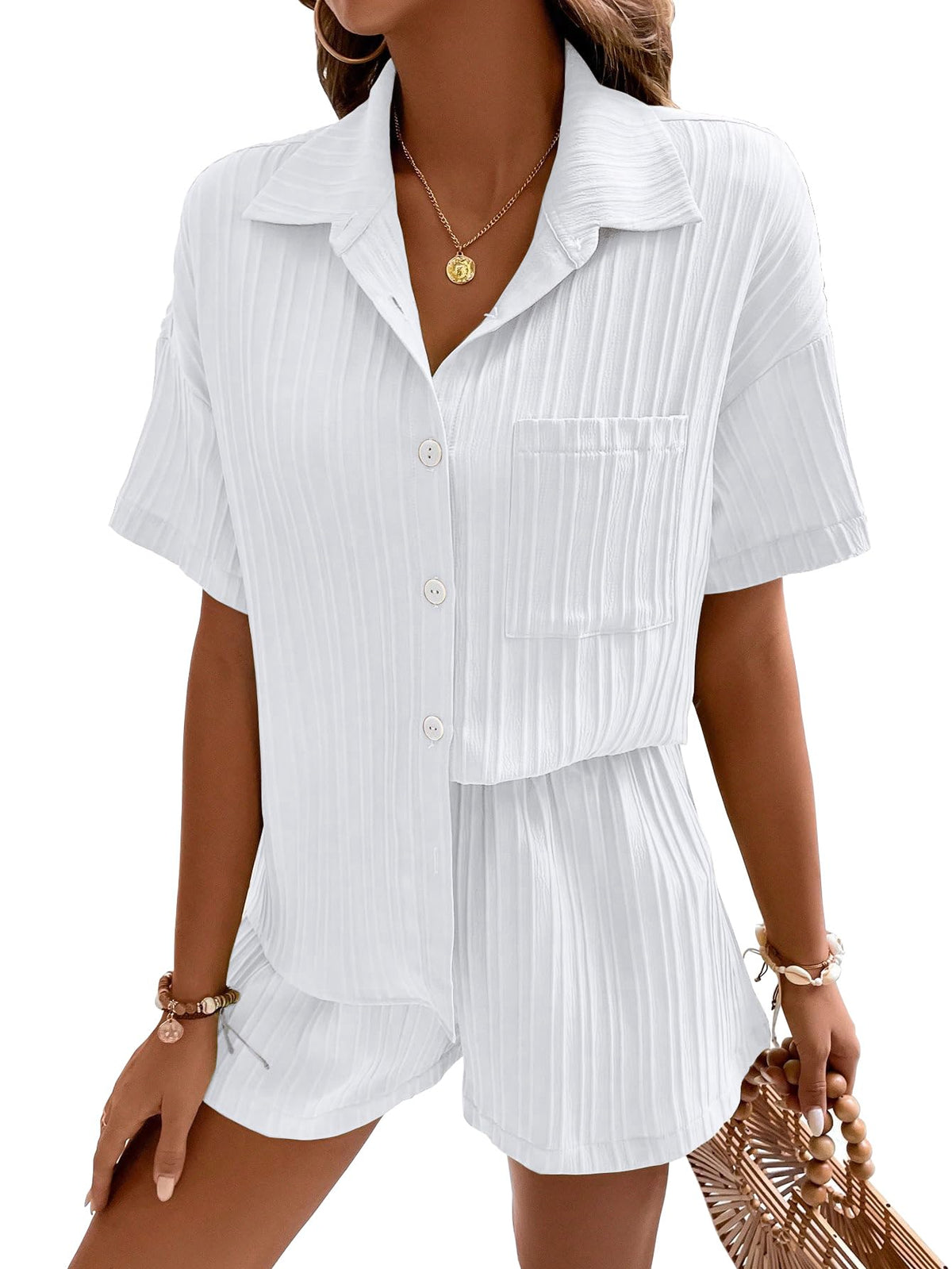 Shasmi Women & Girls White Solid Color Button Front Vacation Solid Texture Short Sleeve Loose Fit Drop Shoulder Pocket Shirt and