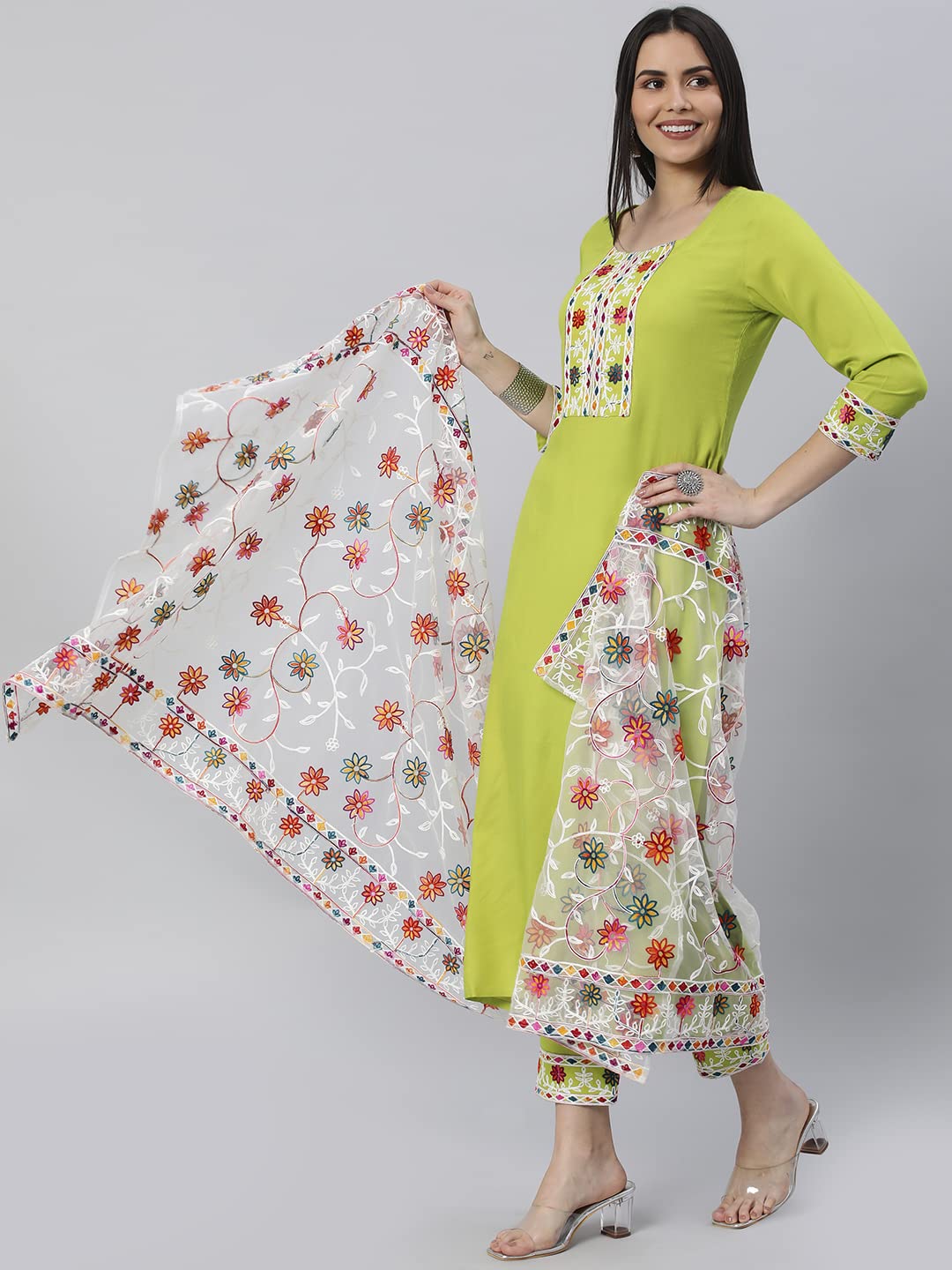ANNI DESIGNER Women's Cotton Blend Solid Straight Kurta with Pant & Dupatta (SOFA-PARROT)