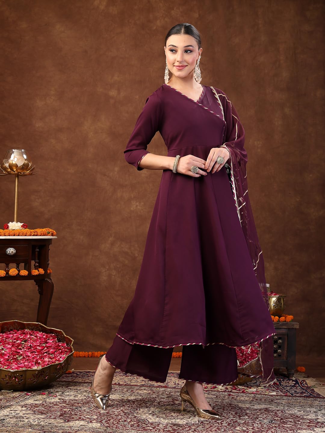 Stylum Womens Wine Solid Italian Crush Anarkali Kurta Pant Dupatta Set