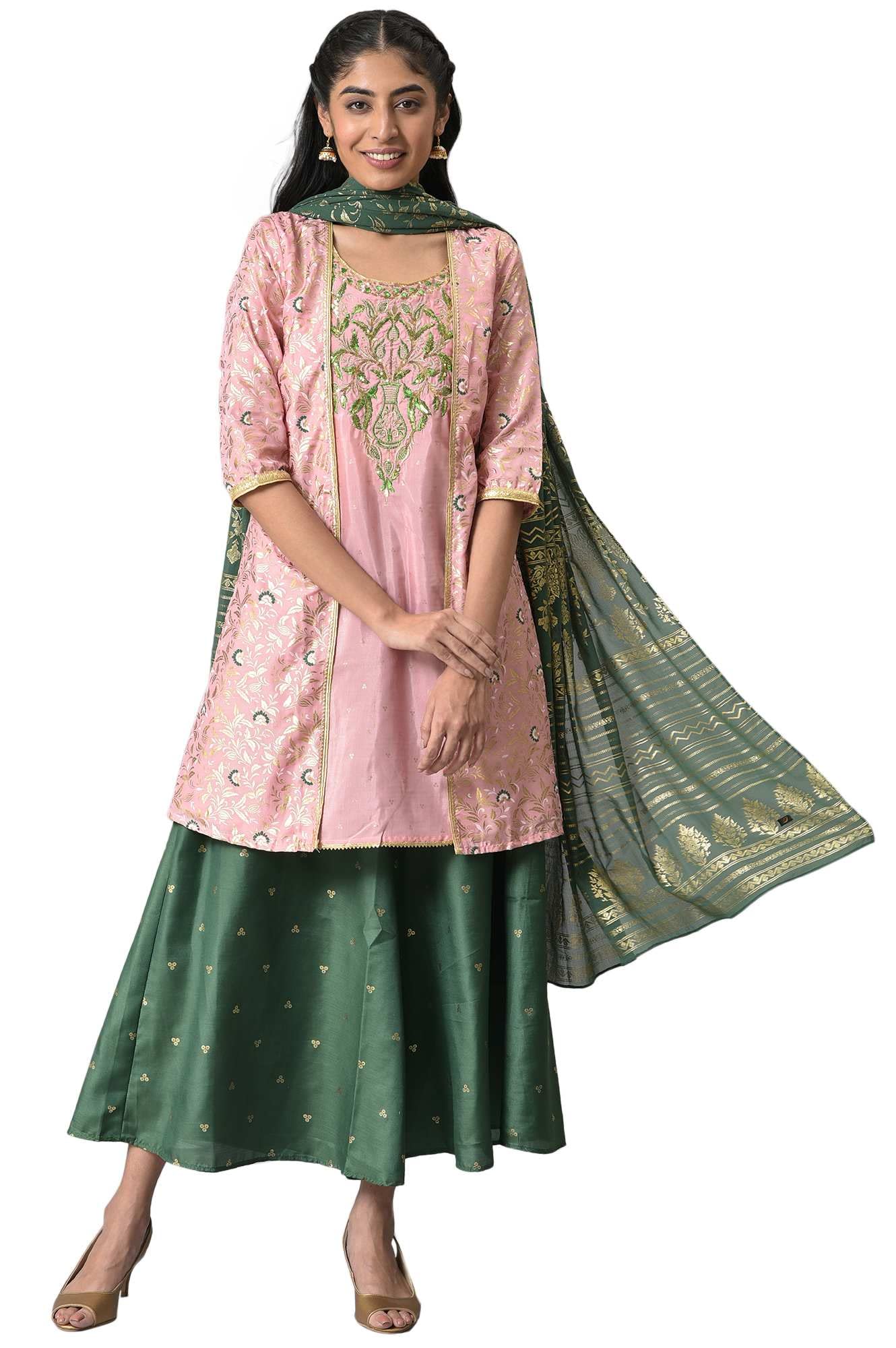 Aurelia Women'S Polyester Pink Zari Embroidered Kurta Set With Green Palazzo And Dupatta_22Aud10497-504408_Xxl