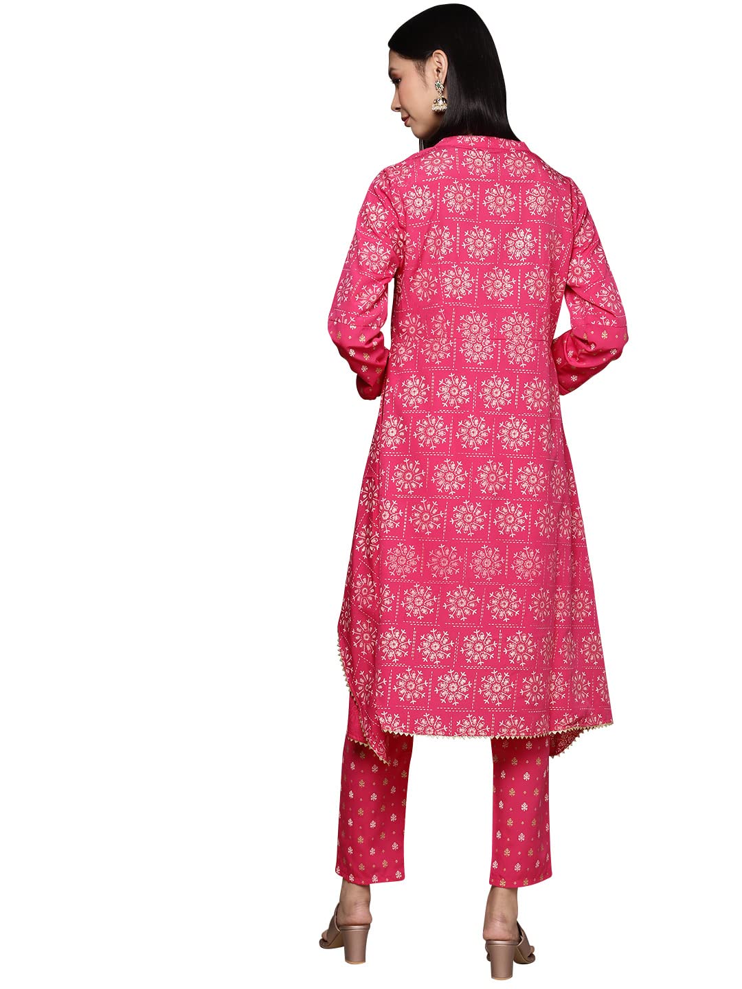 ZIYAA Women's Pink Chinon Flared Kurta And Pant Set(ZIKUCH3915ANDPA)