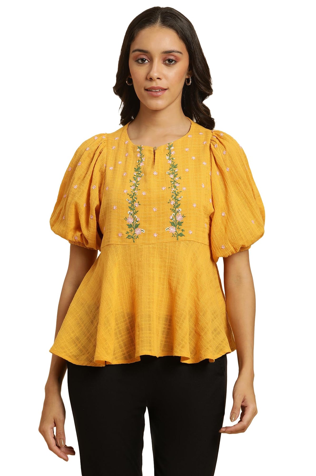W Yellow Cotton Embroidered Peplum Top for Women