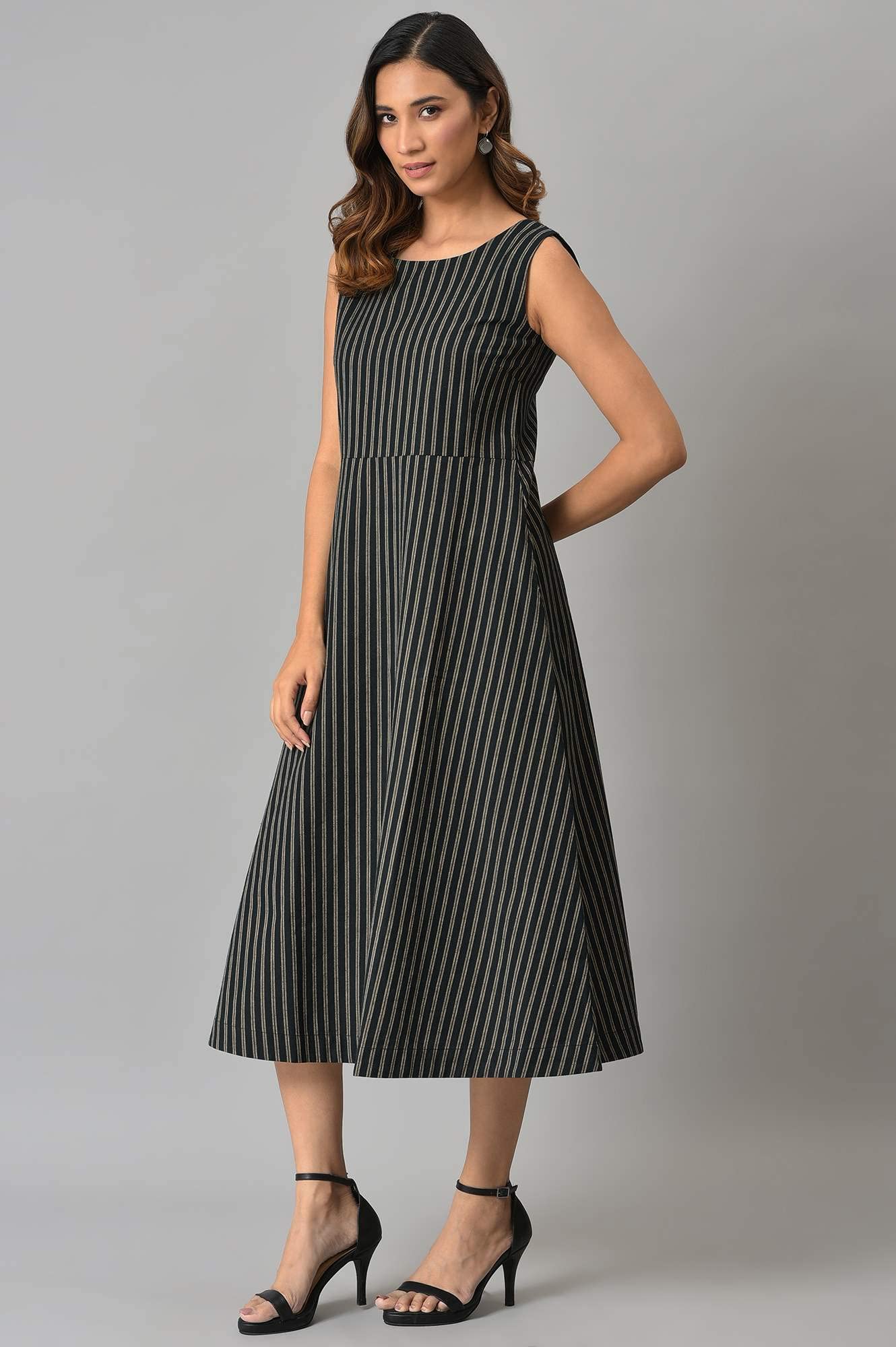 W For Woman WomenS Cotton Black Striped Long Sleeveless Dress Calf Length 22Auw18387-830185
