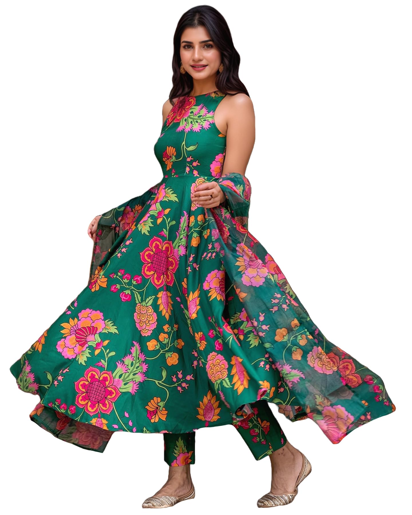 GoSriKi Women's Silk Blend Printed Anarkali Kurta with Pant & Dupatta