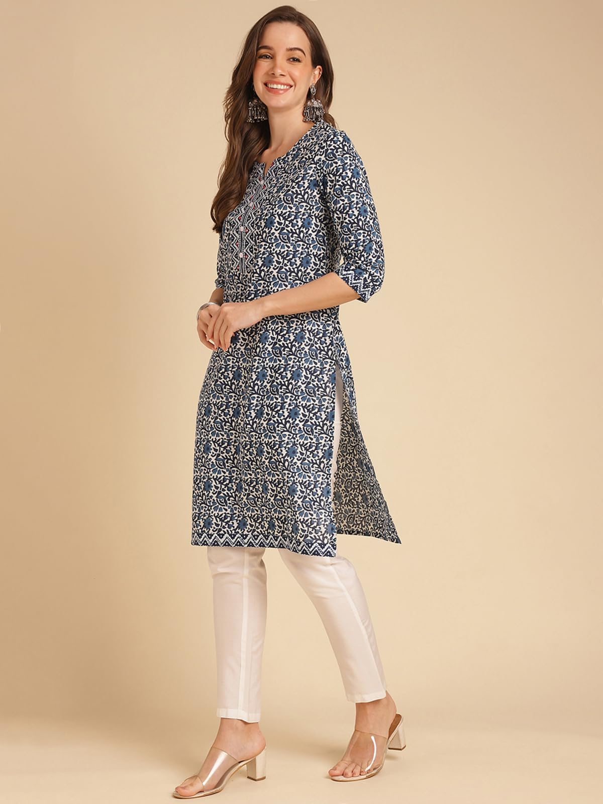 rangita Blue Cotton Knee Length Embellished Straight Kurti | Kurta for Women