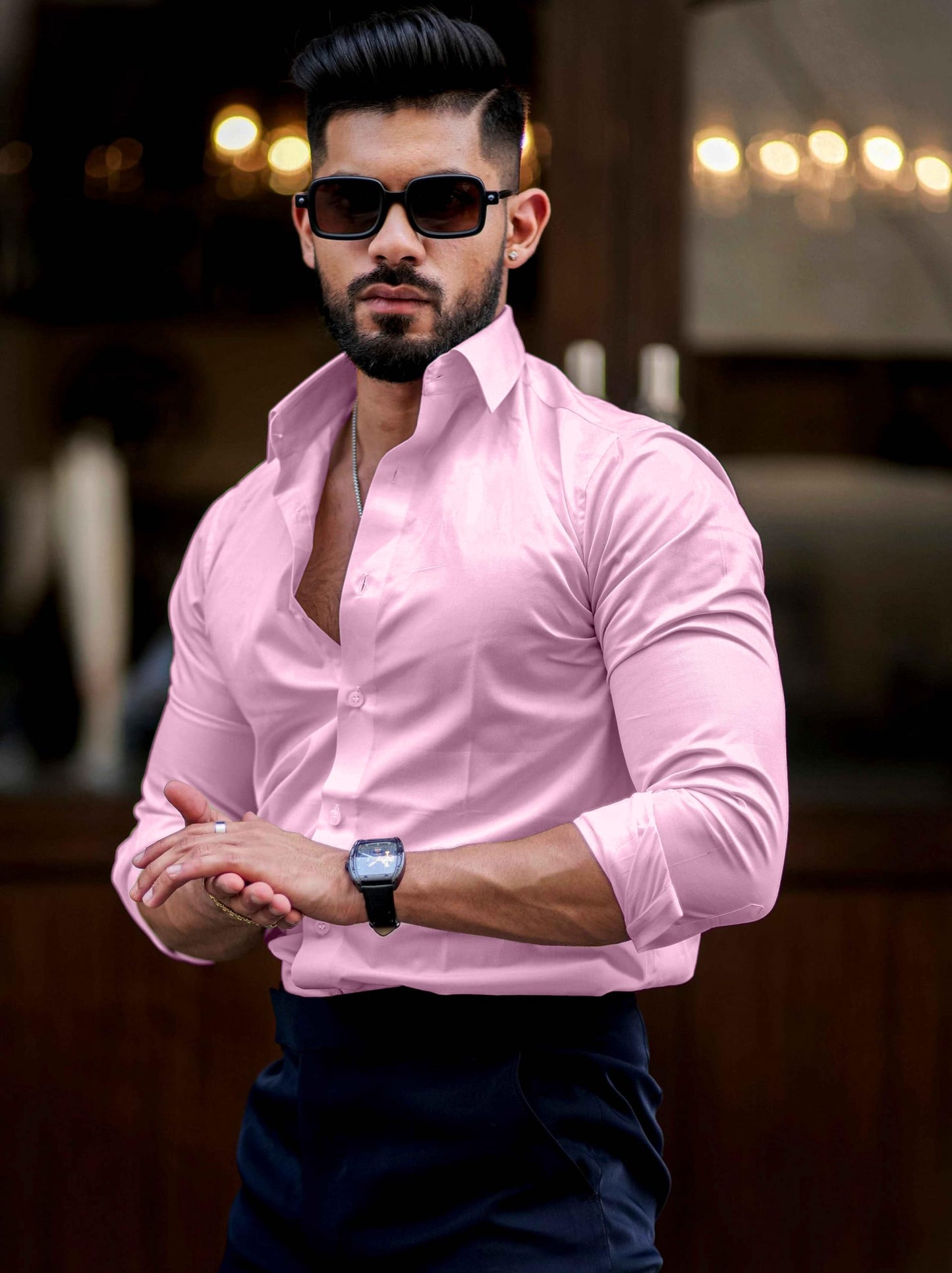 Indoprimo MenS Casual Solid Satin Shirt For Men Full Sleeves Baby Pink