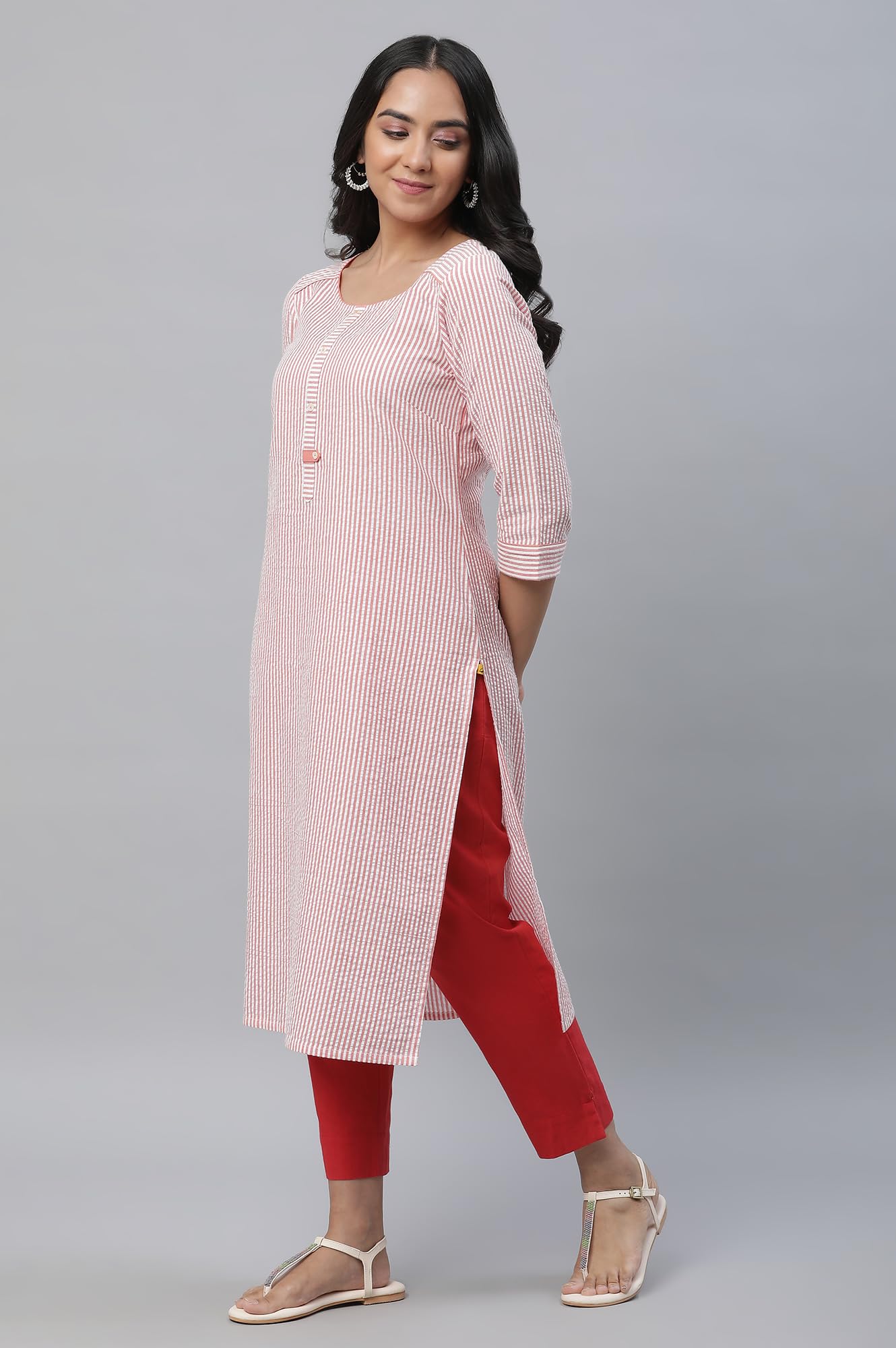 Aurelia WomenS Striped Straight Long Peach Cotton Kurta