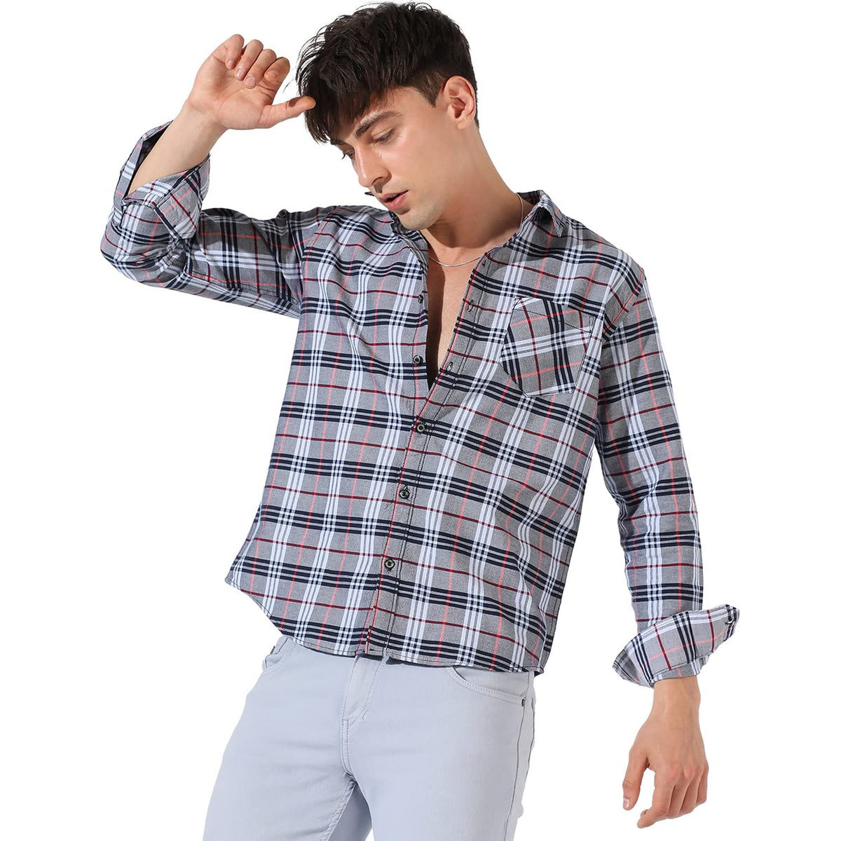 Campus Sutra Mens Checkered Grey Button Up Collared Shirt for Casual Wear | Shirt Crafted with Regular Sleeve, Comfort Fit & Hi