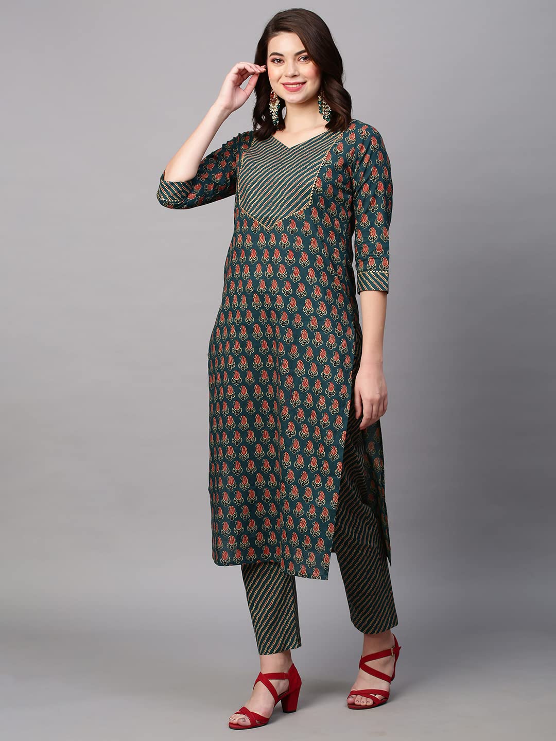 ANNI DESIGNER Women's Cotton Blend Printed Straight Kurta with Pant (Grape Green-Nw01)