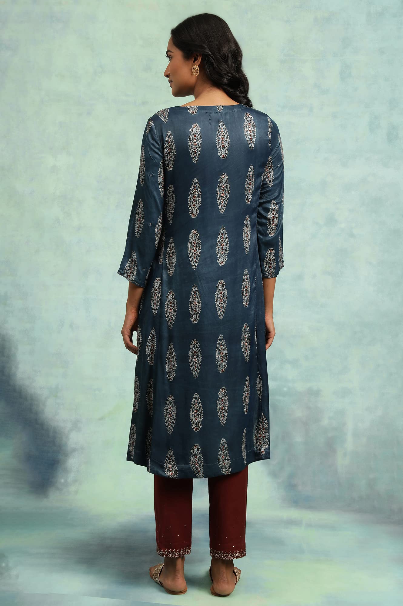 W for Woman Indigo AJRAKH Kurta in Lustrous Satin