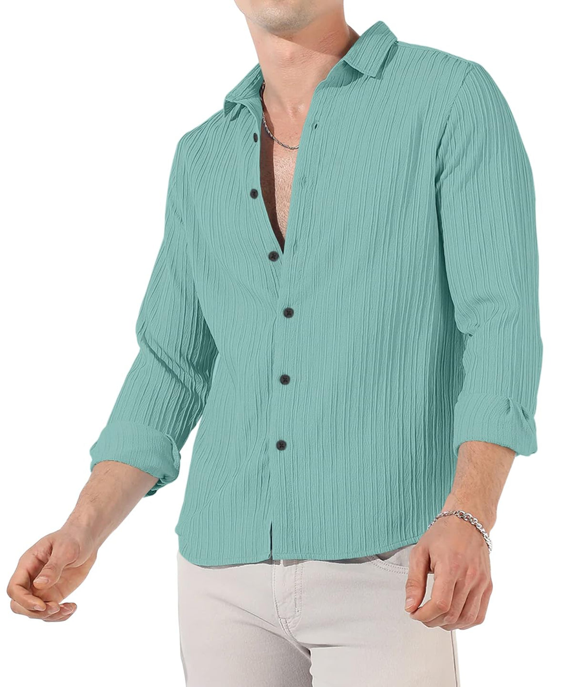 Finivo Fashion MenS Cotton Casual Striped Button Down Shirts Long Sleeve Textured Summer Beach Shirt For Men Turquoise