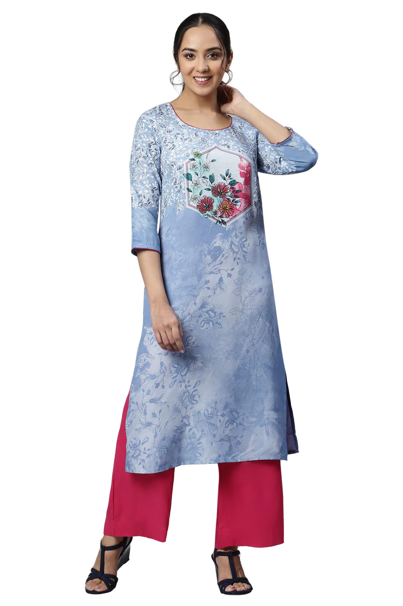 Aurelia Women Blue Fog Rayon Floral Printed Straight Kurta_22AUA13543-504543_XS