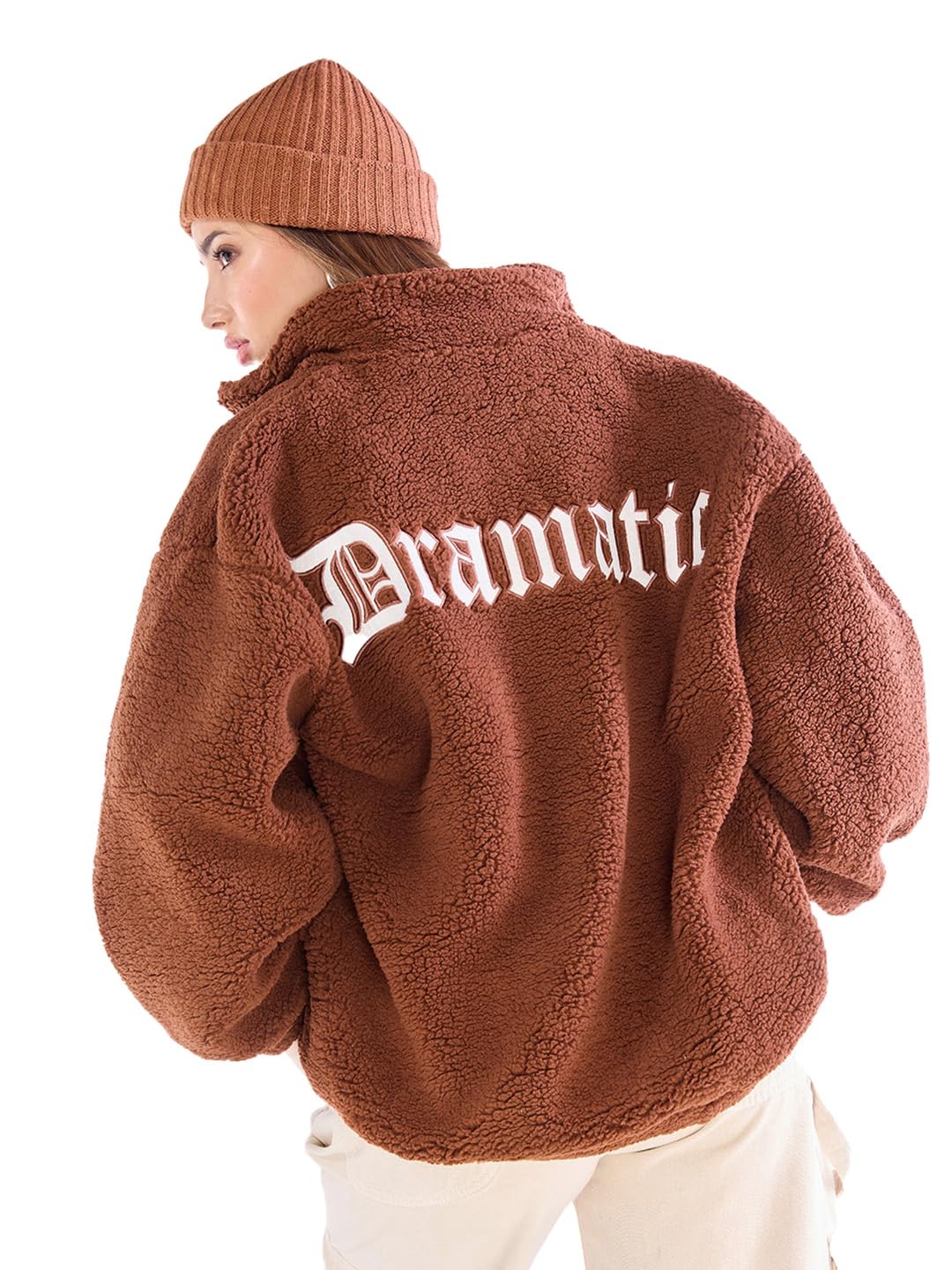 Bewakoof WomenS Typography Super Loose Fit Full Sleeve High Neck Fluff Jacket_597102_Brown_M