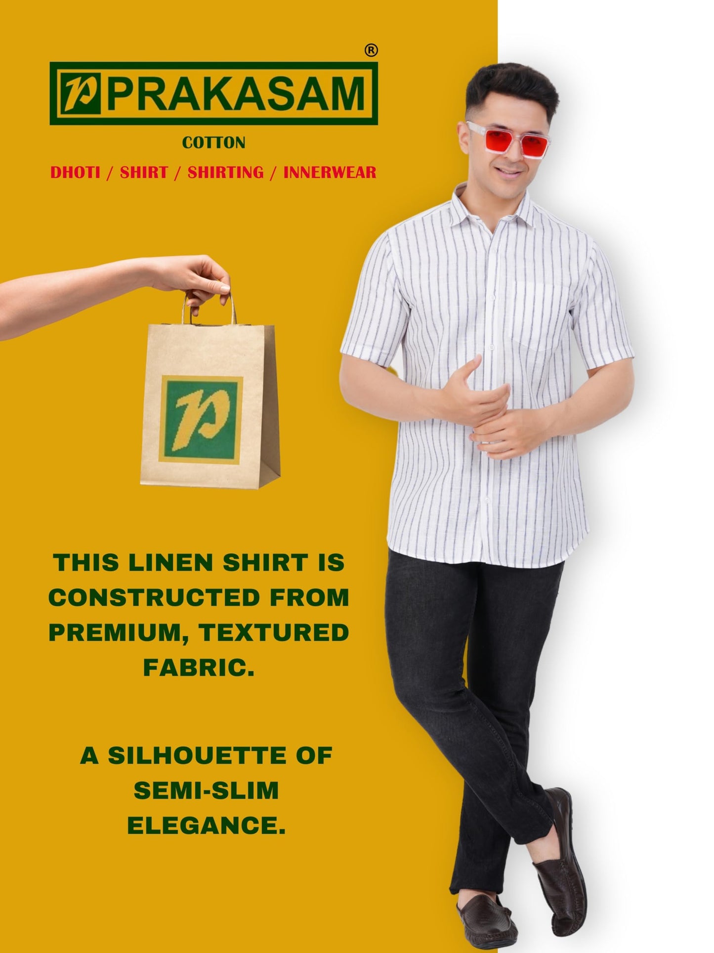 PRAKASAM COTTON Striped Design Cotton Linen Half Sleeve Shirt for Men/Formal Slim Fit Cotton Linen Half Sleeve Shirt for Men