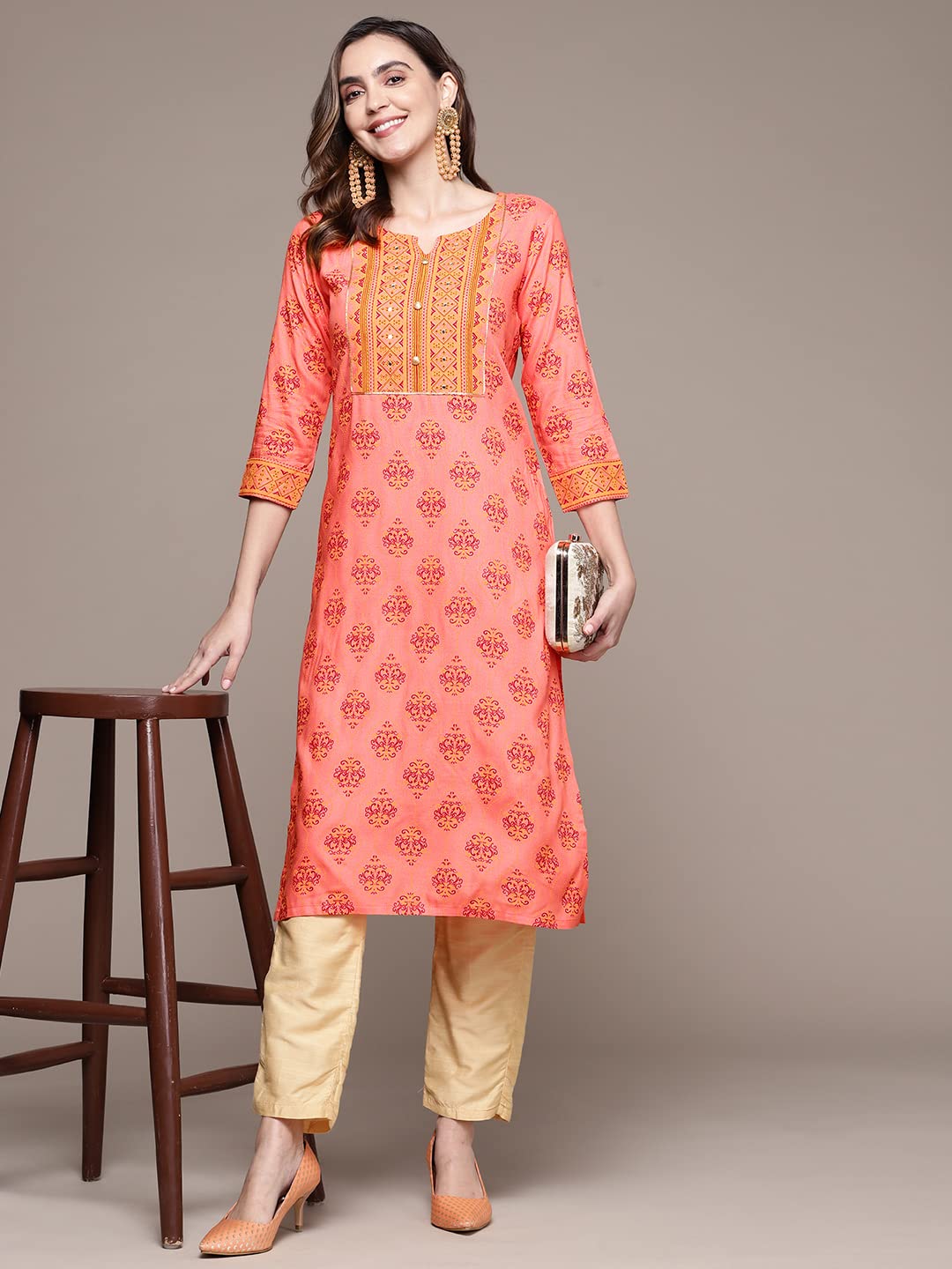 anubhutee Women's Orange Ethnic Printed Straight Kurta