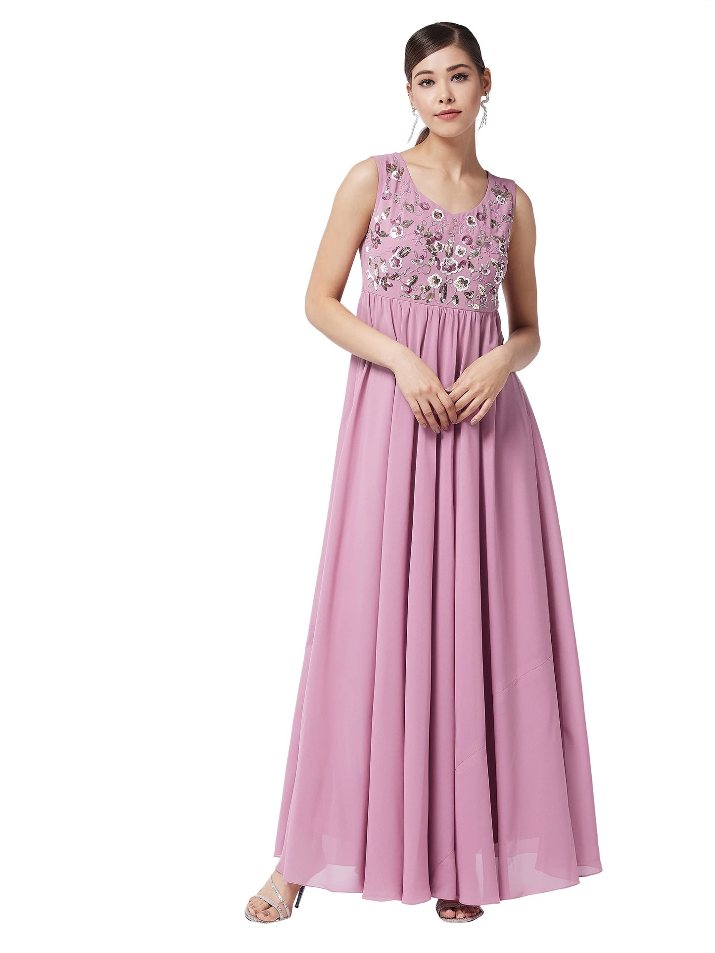 Miss Chase WomenS Dusty Lavender Round Neck Sleeveless Solid Embroidered Maxi Dress (Mcaw21D06-42-196-05, Dusty Lavender, L)