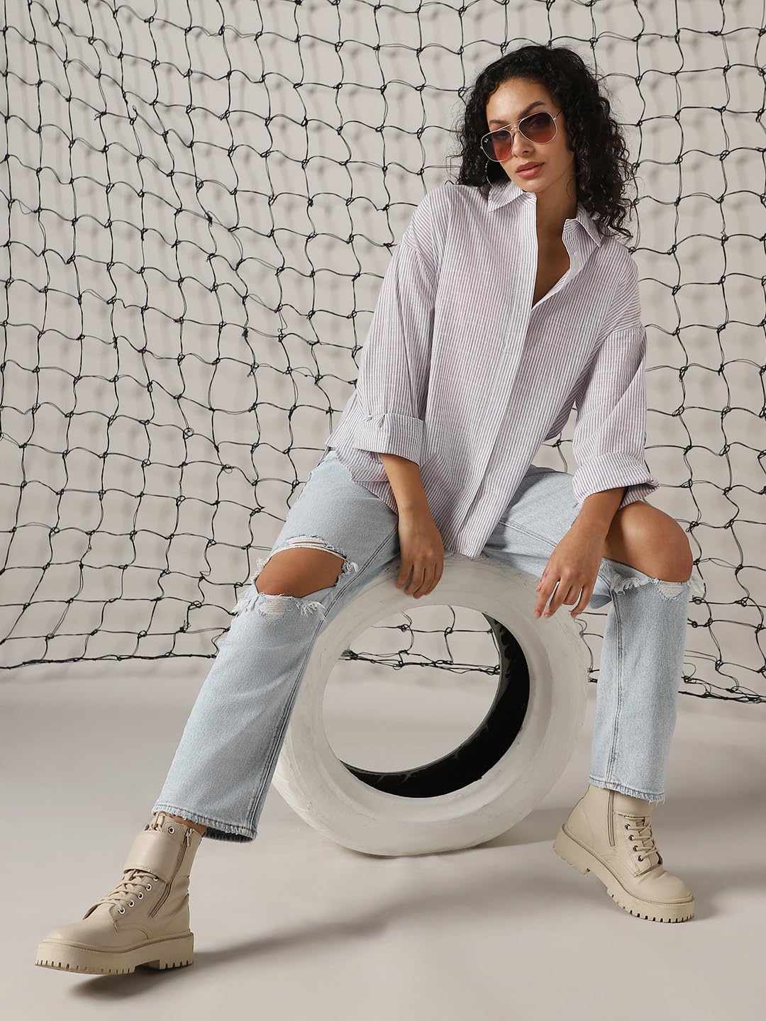 Hubberholme Women Striped Longline Length Oversized Long Sleeve Shirt