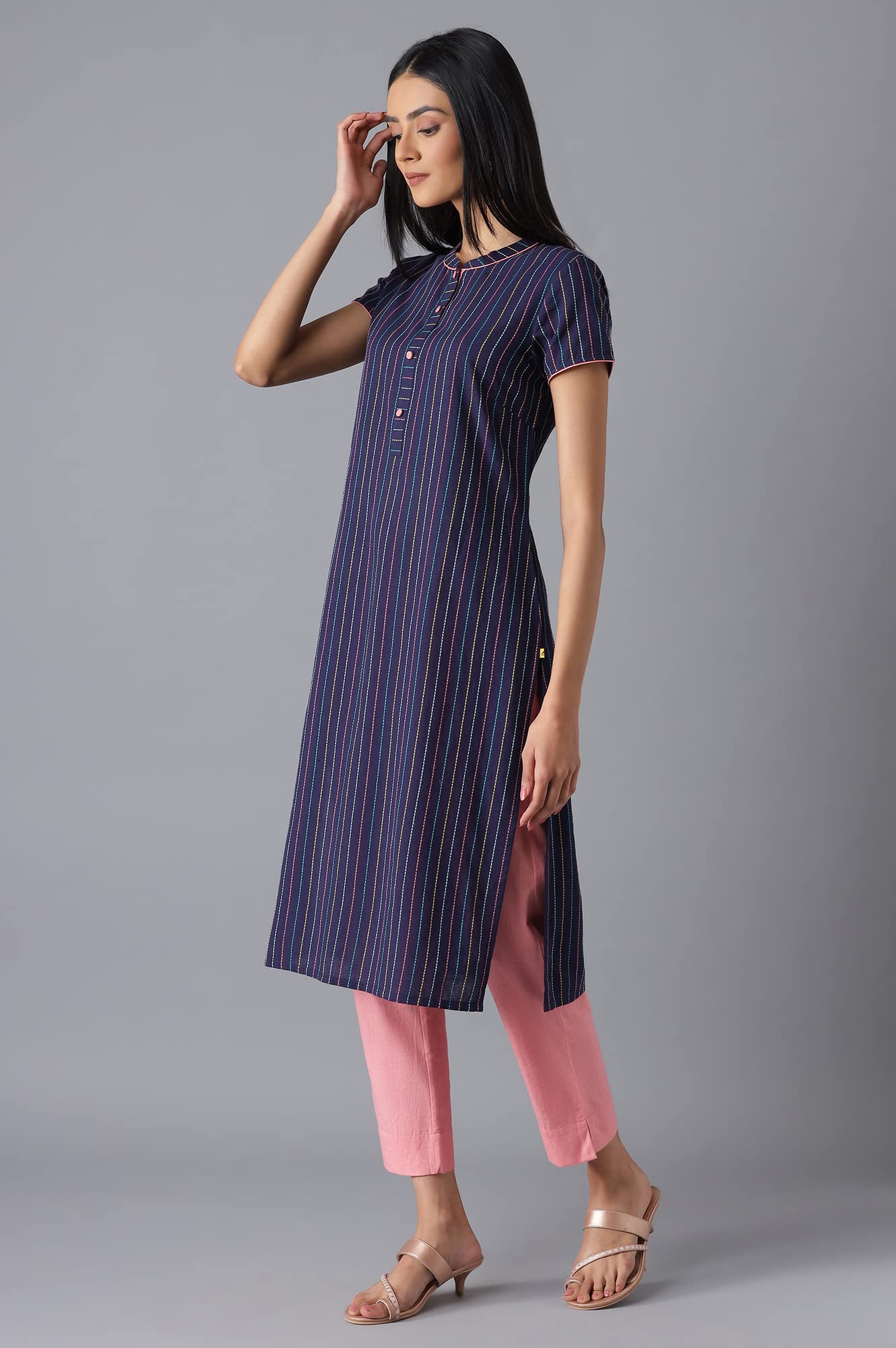 Aurelia Mandarin Cotton Womens Calf Length Kurta (S22FEA12881-P)