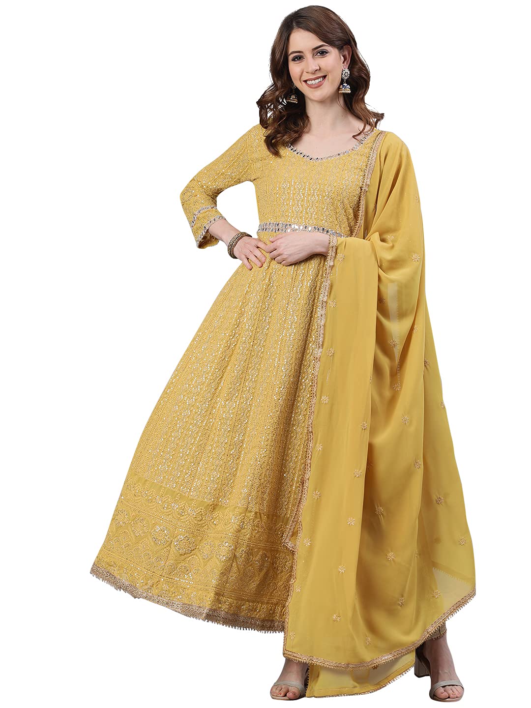 ishin Womens Georgette Anarkali Embroidered Chikankari Floral Print Mustard Kurti with Dupatta