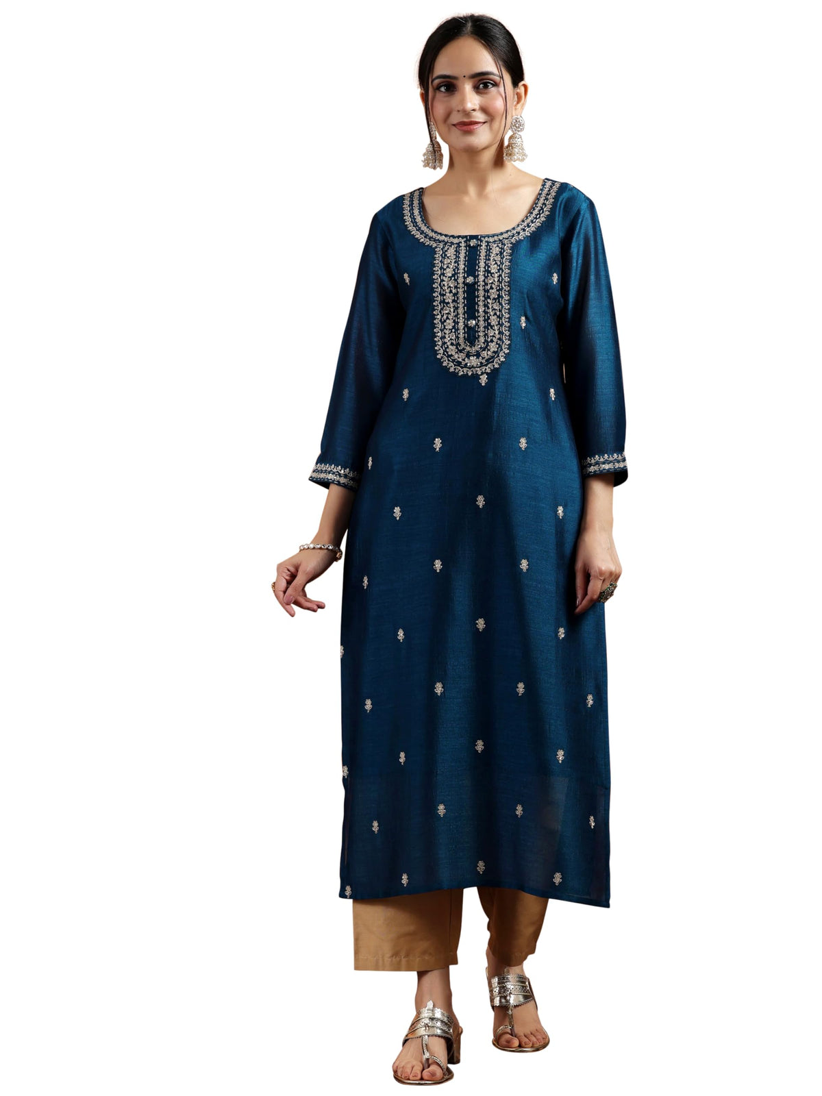 Libas WomenS Silk Embroidered Straight Kurta (58139R_Teal