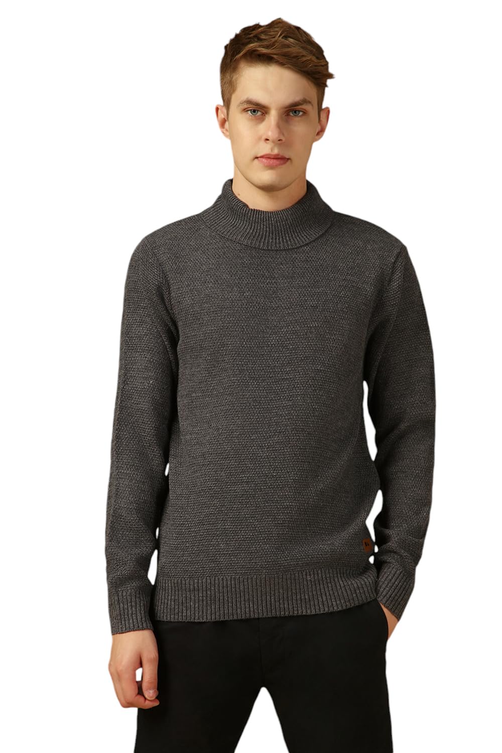 Dennis Lingo Men Grey Solid Slim Fit Full Sleeve Turtle Neck Pullover Sweater