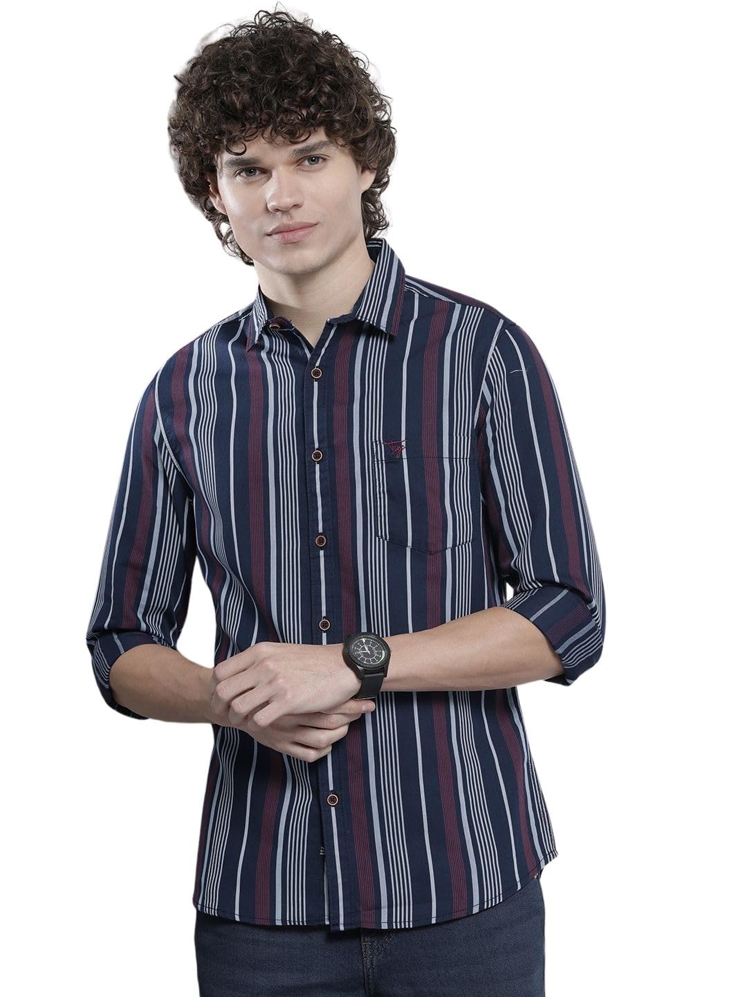The Indian Garage Co Men Navy Striped Slim Fit Cotton Casual Shirt