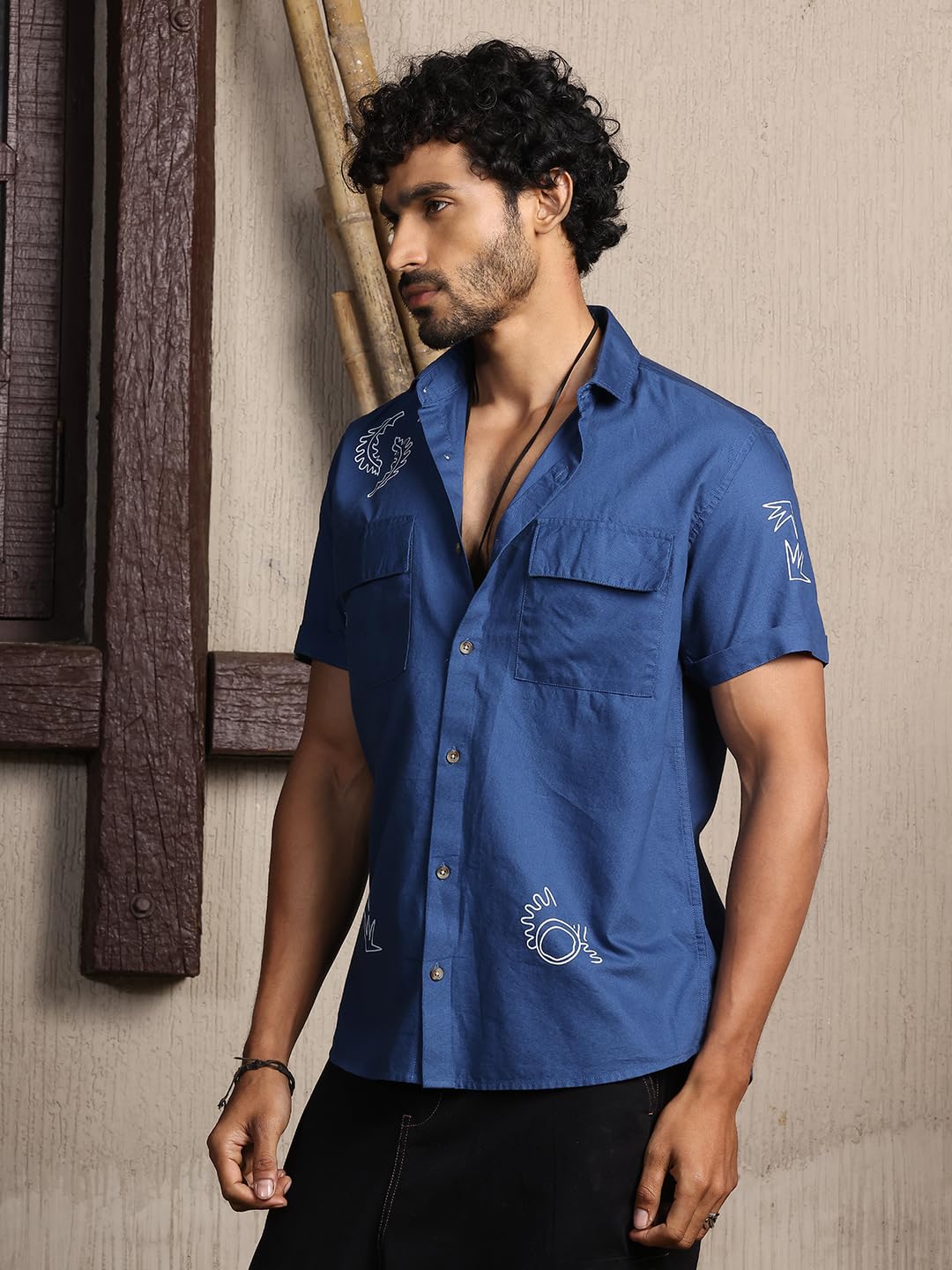 Thomas Scott Short Sleeve Double Pockets Self Printed Casual Shirts for Mens Teal