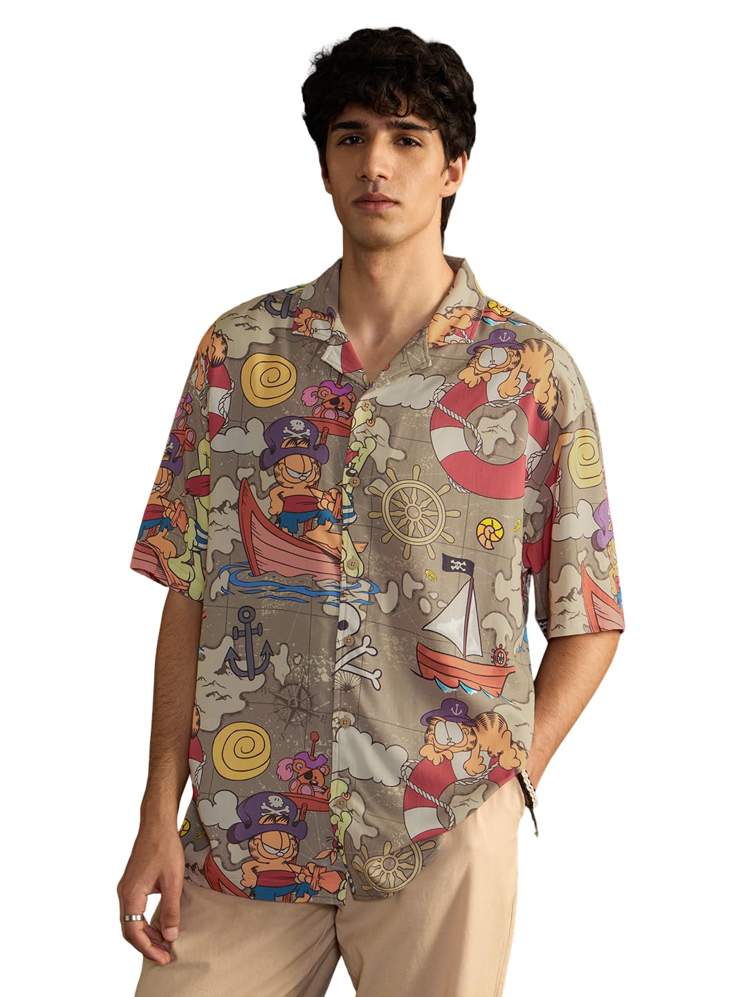The Souled Store Garfield: Pirates Cove Men and Boys Short Sleeve Spread Collar Button Front Beige All Over Printed Rayon Overs