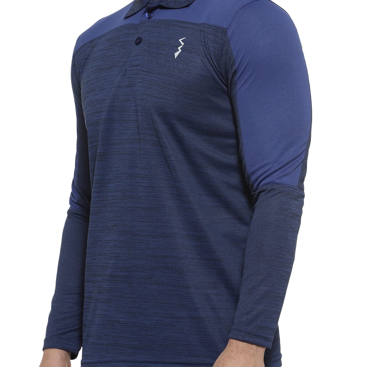 Campus Sutra Mens Denim Blue Contrast Activewear T-Shirt for Casual Wear | Spread Collar | Long Sleeve | Half-Button Closure |