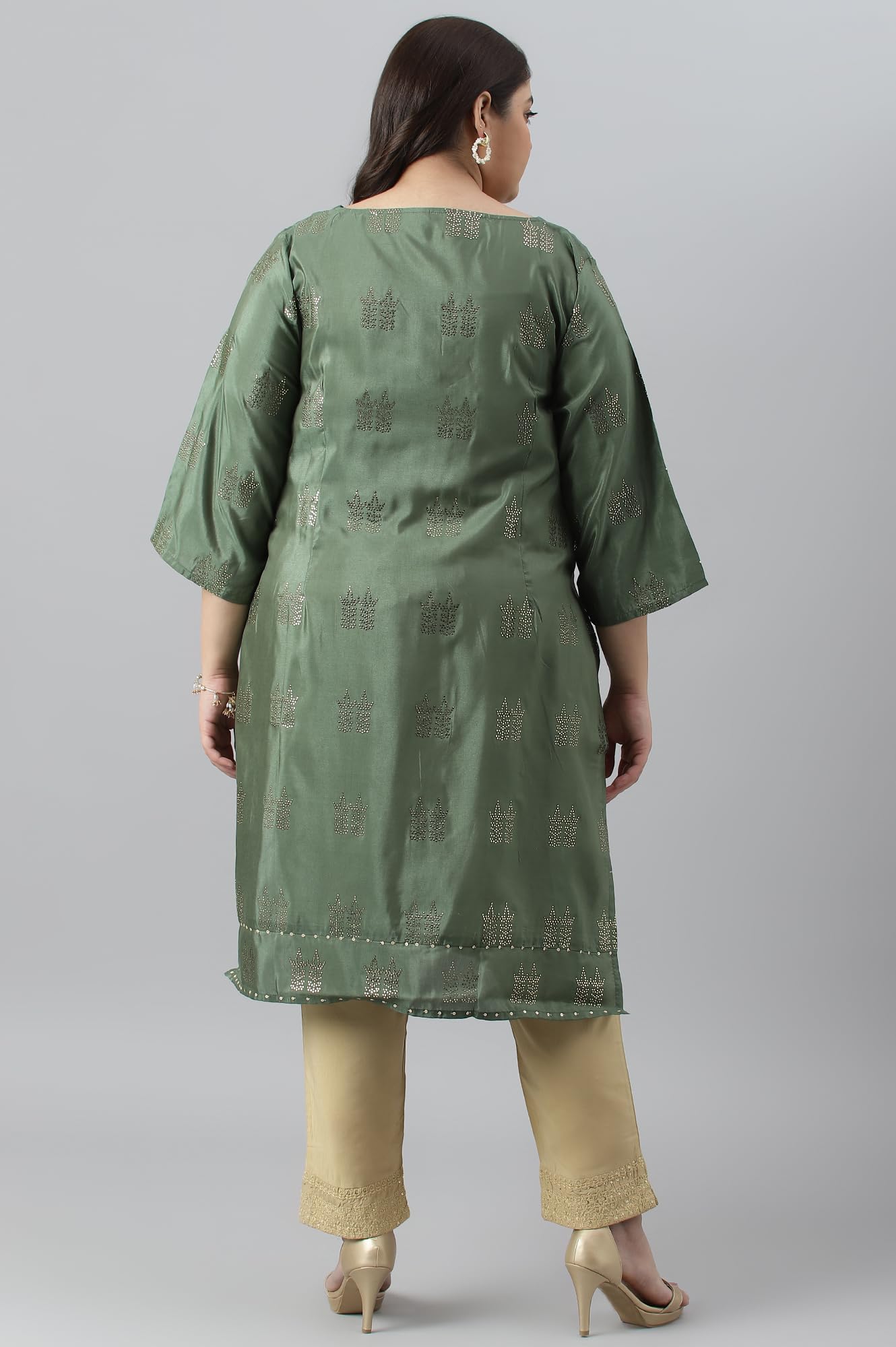 W for Woman Women Polyester Shantung Plus Size Kurta With Pant With Mukaish Print
