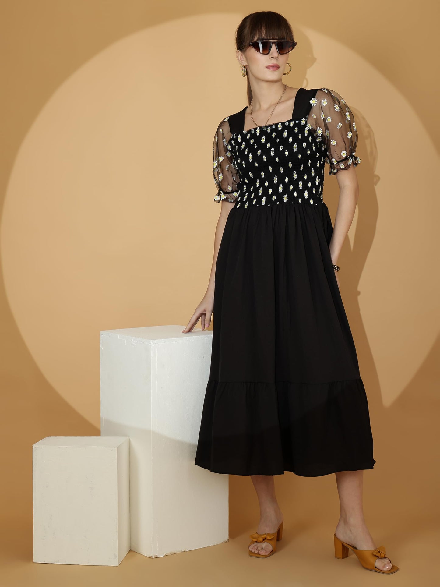 Sheetal Associates WomenS Casual Puff Sleeves Crepe Floral Fit And Flare Dress Black