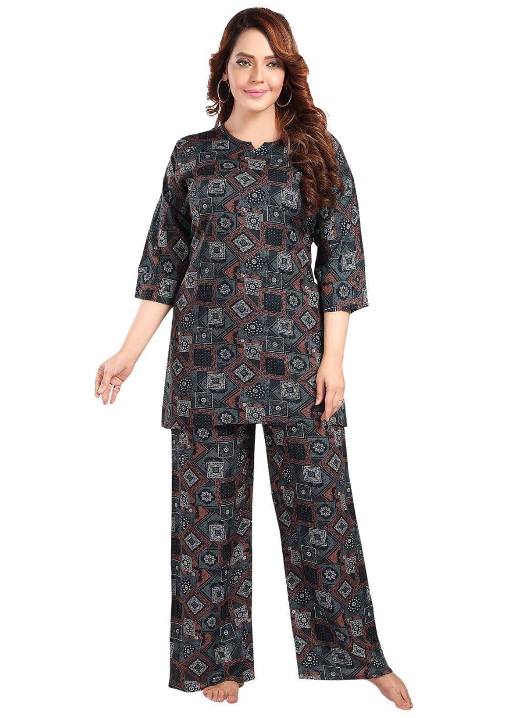 Fabme WomenS Geomatric Print, Dark Green, All Over Print Rayon Coord Set