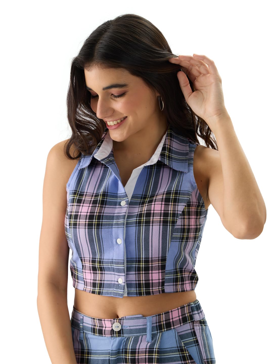 The Souled Store Lilac Blossom Women and Girls Sleeveless Collared Neck Slim Fit Checkered Cotton Cropped Tops