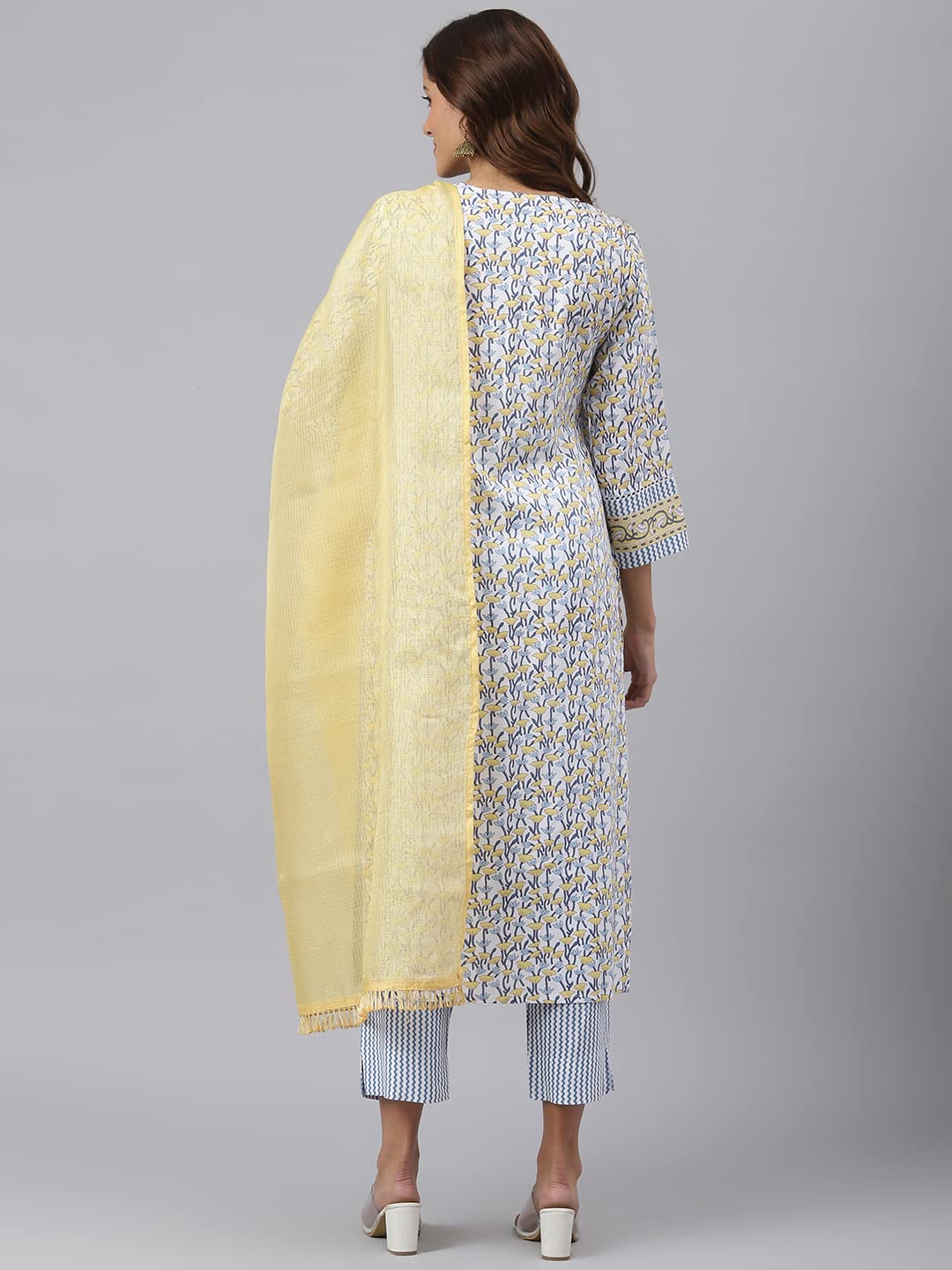GoSriKi Women's Cotton Blend Straight Printed Kurta with Pant & Dupatta (Mulhar STY-GO)
