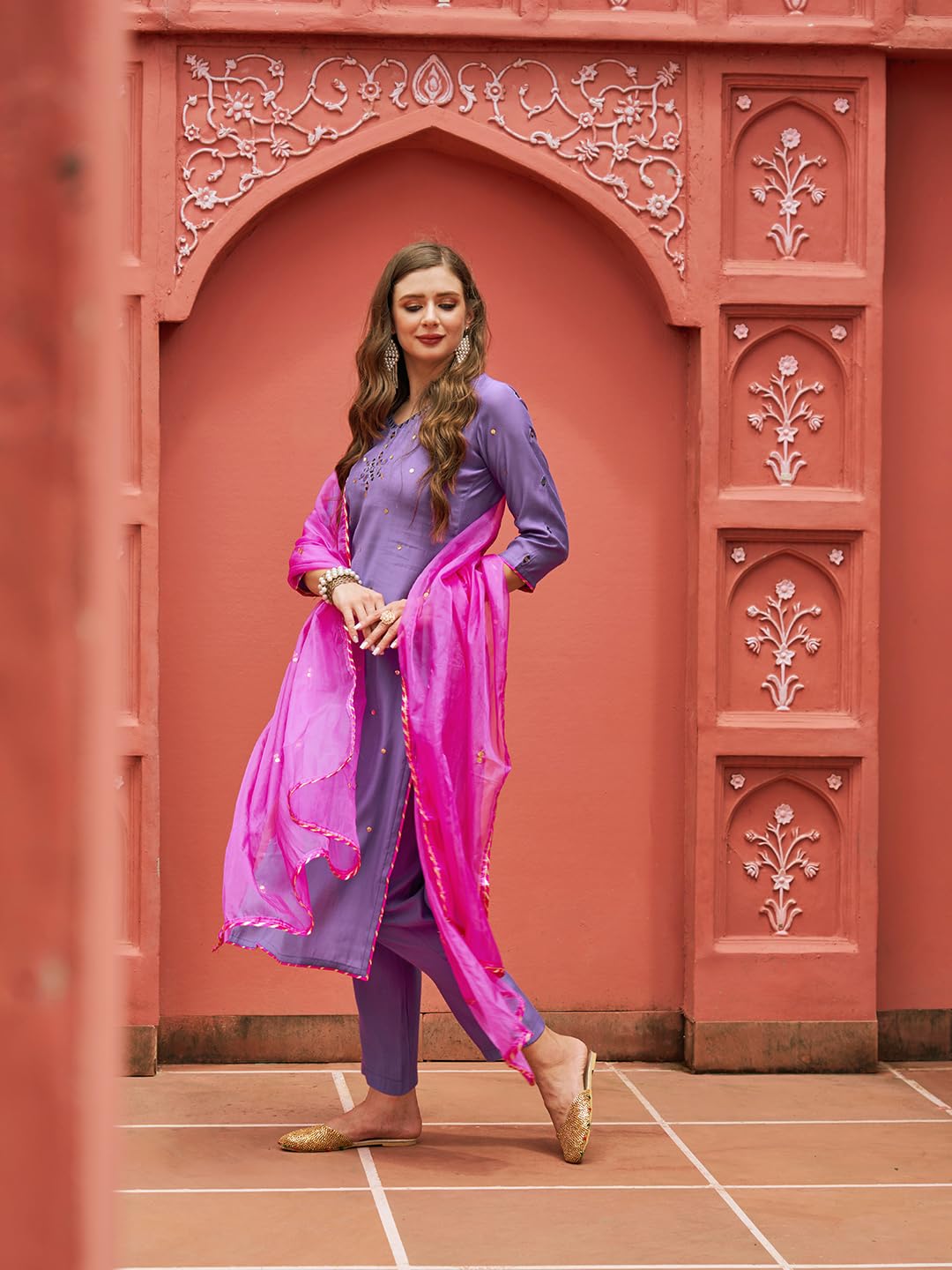 ANNI DESIGNER Women's Cotton Blend Mirror Work Straight Kurta with Pant & Dupatta