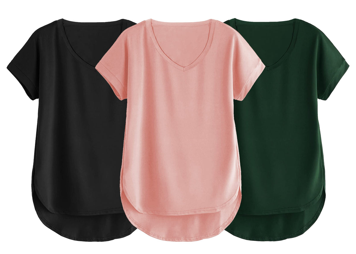 Fabricorn Combo Of Three Plain Bottle Green, Black And Dusty Rose V-Neck Up And Down Cotton Tshirt For Women (Bottle Green, Blac