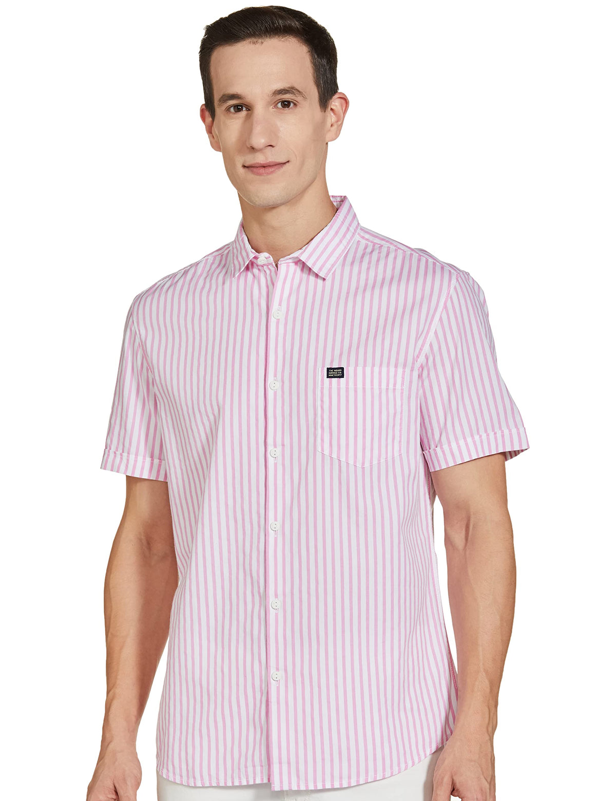 The Indian Garage Co Men Pink Striped Slim Fit Cotton Casual Shirt