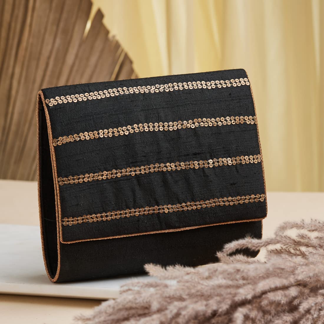 Fabindia Women's Fabric Sequence Work Clutch Bag (Black)