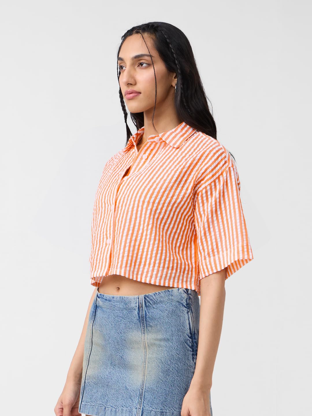 The Souled Store Tangerine Women and Girls Short Sleeves Collared Neck Button Front Striped Cotton Oversized Cropped Shirts