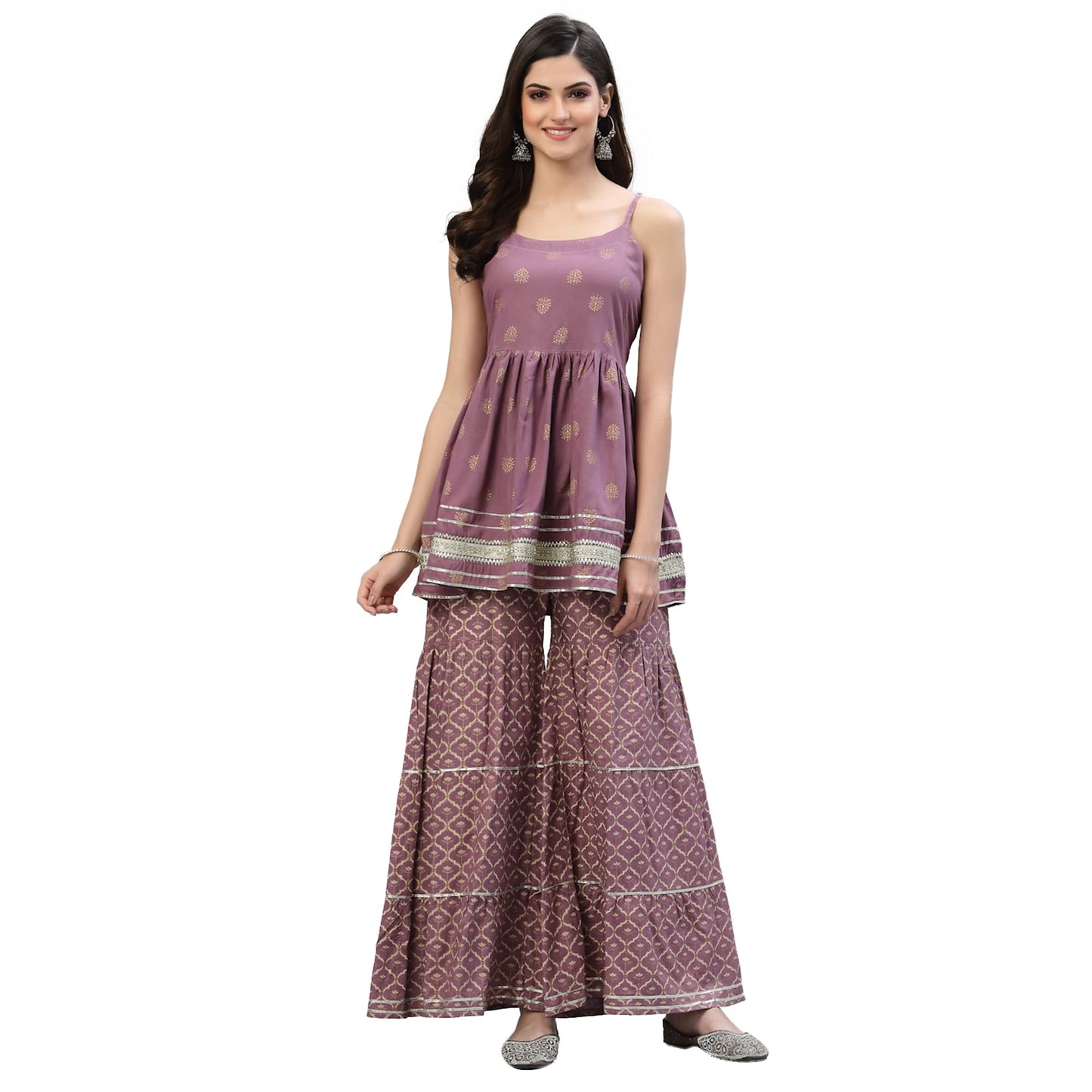 Stylum Women's Gold Printed Rayon Short Kurti and Sharara set (Mauve)