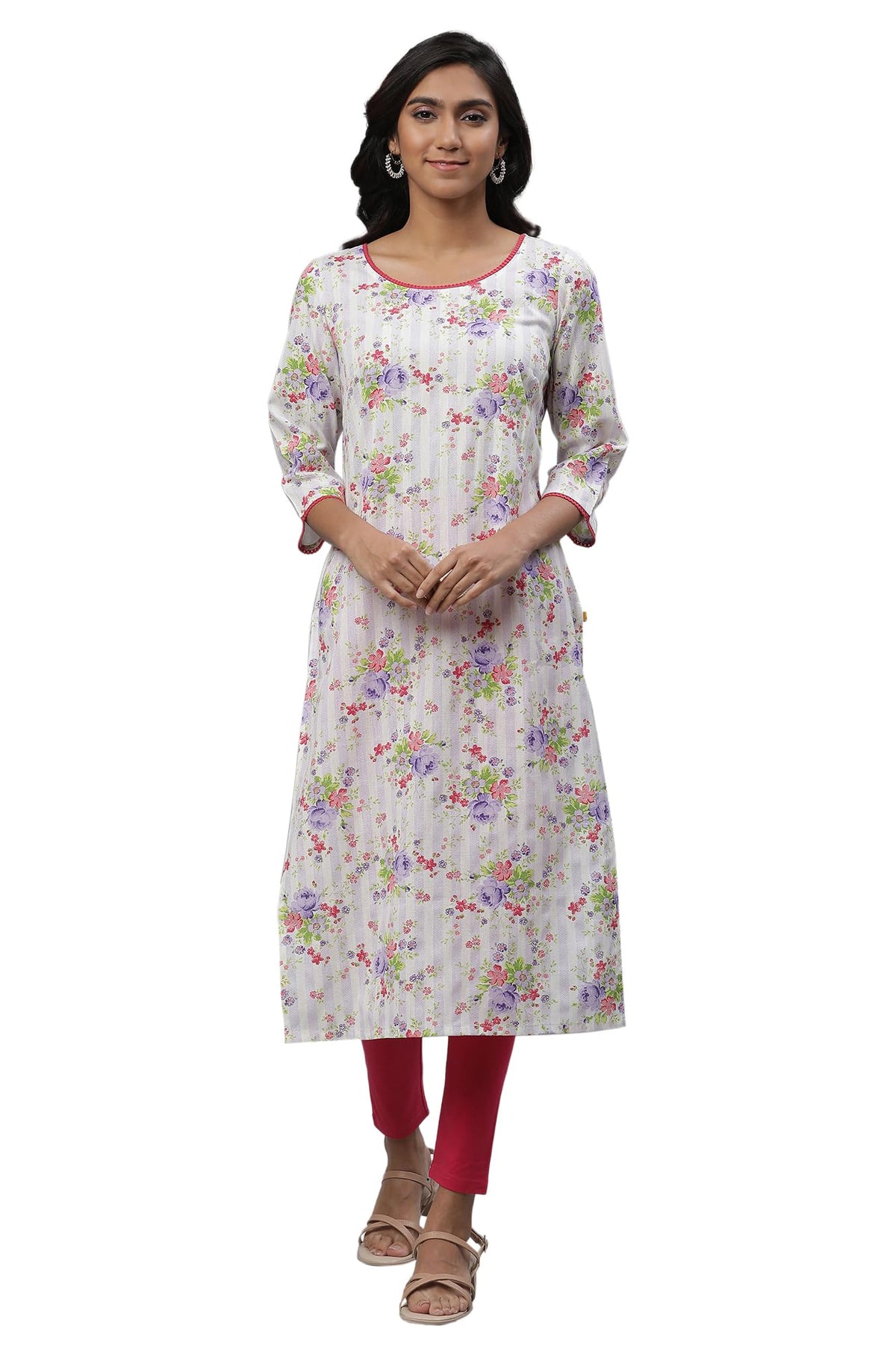 Aurelia White Floral Printed Printed Lace Cotton Straight Long Kurta