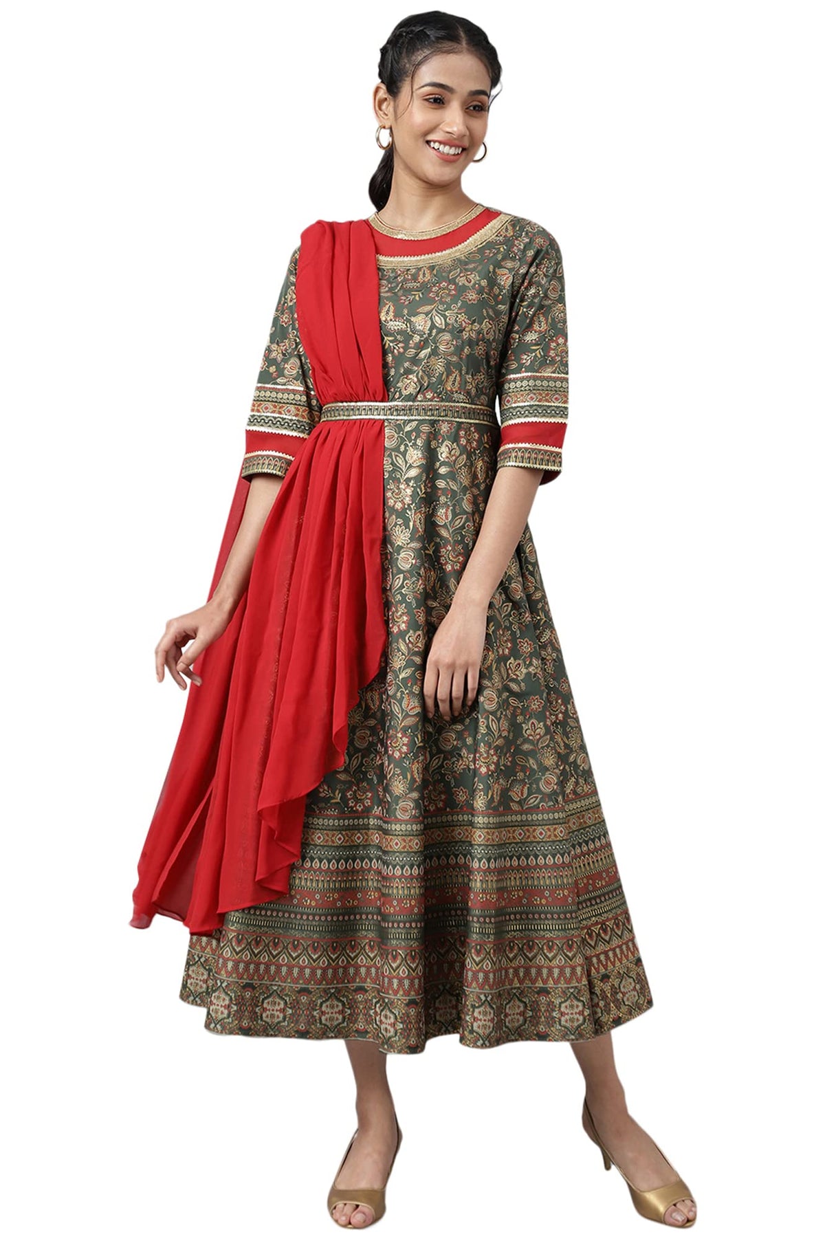 Aurelia Green Foil Sequin Midi Dress For Women