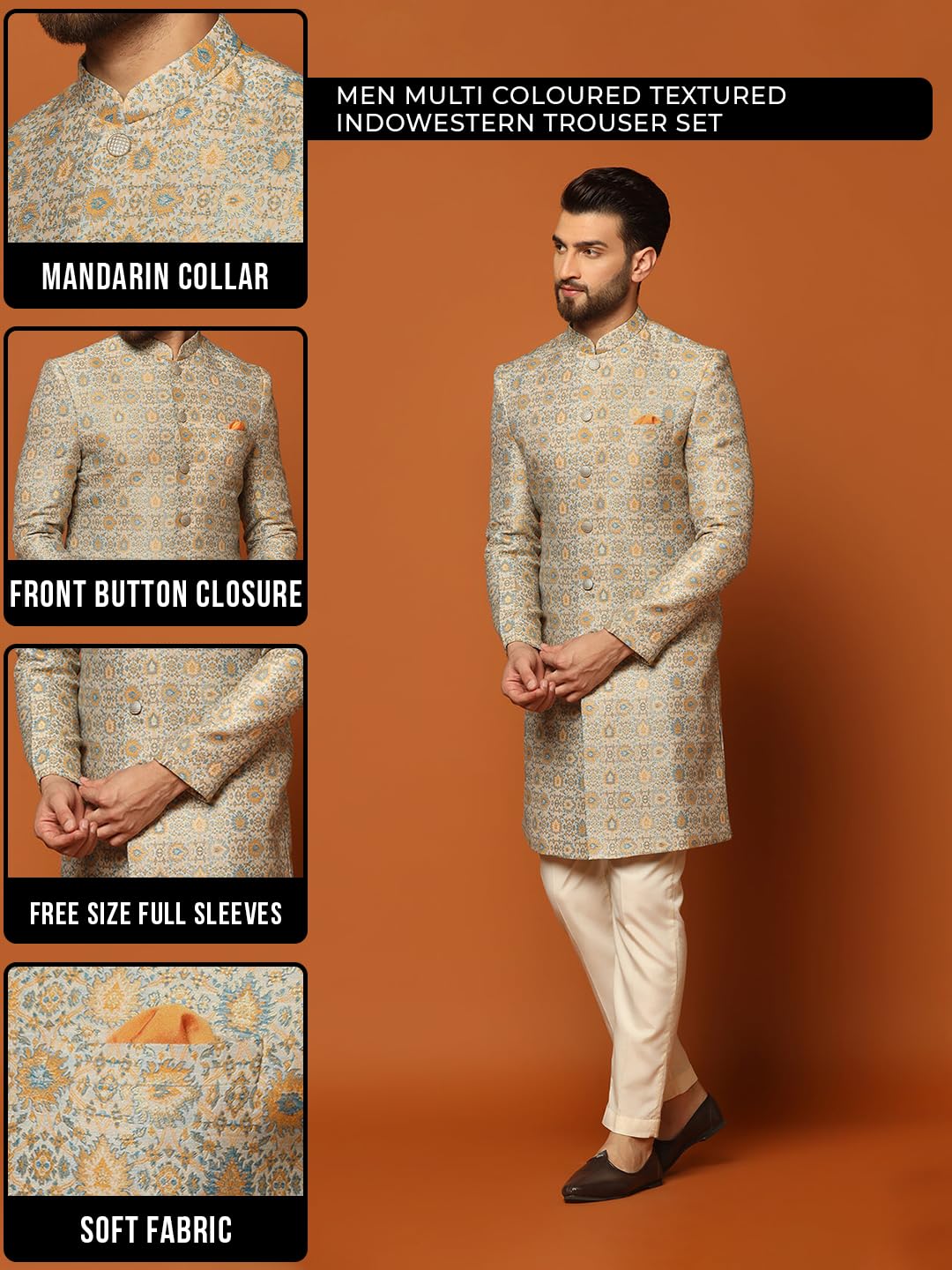 Kisah MenS Sherwani & Trouser Set Textured Silk Blend Jacquard Ethnic Wear For Men Regular Fit Wedding & Festive Look Dry Cle