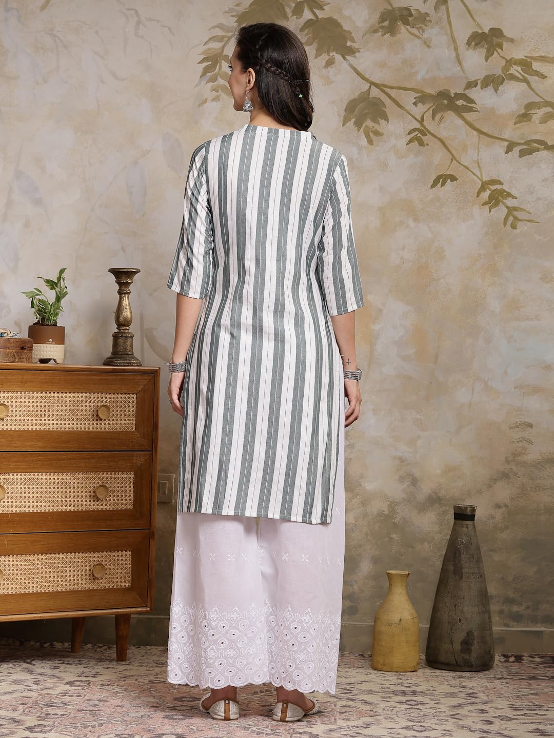 Stylum Women's Self Designed Cotton Blend Straight Kurta (URVASHI_Grey)