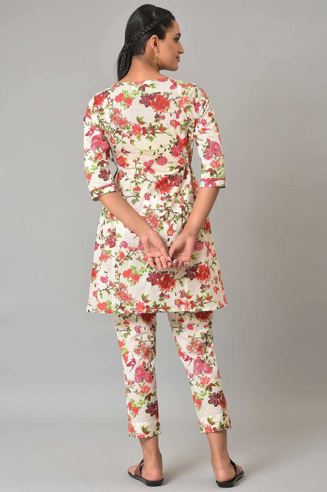 Aurelia Woman Rayon Floral Printed A-line White Kurta Cord Set | Kurta and Pants Set for Women | White Floral Printed Causal Kurta Set