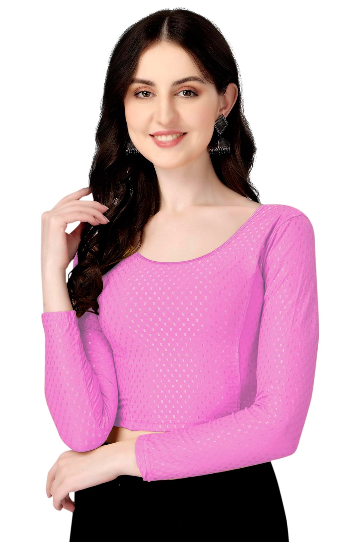 Shiv Textiles Round Neck Dobby Cotton Lycra Stretchable Elbow Sleeve Readymade Saree Blouse For Women Stylish (Pinkfree Size Ful