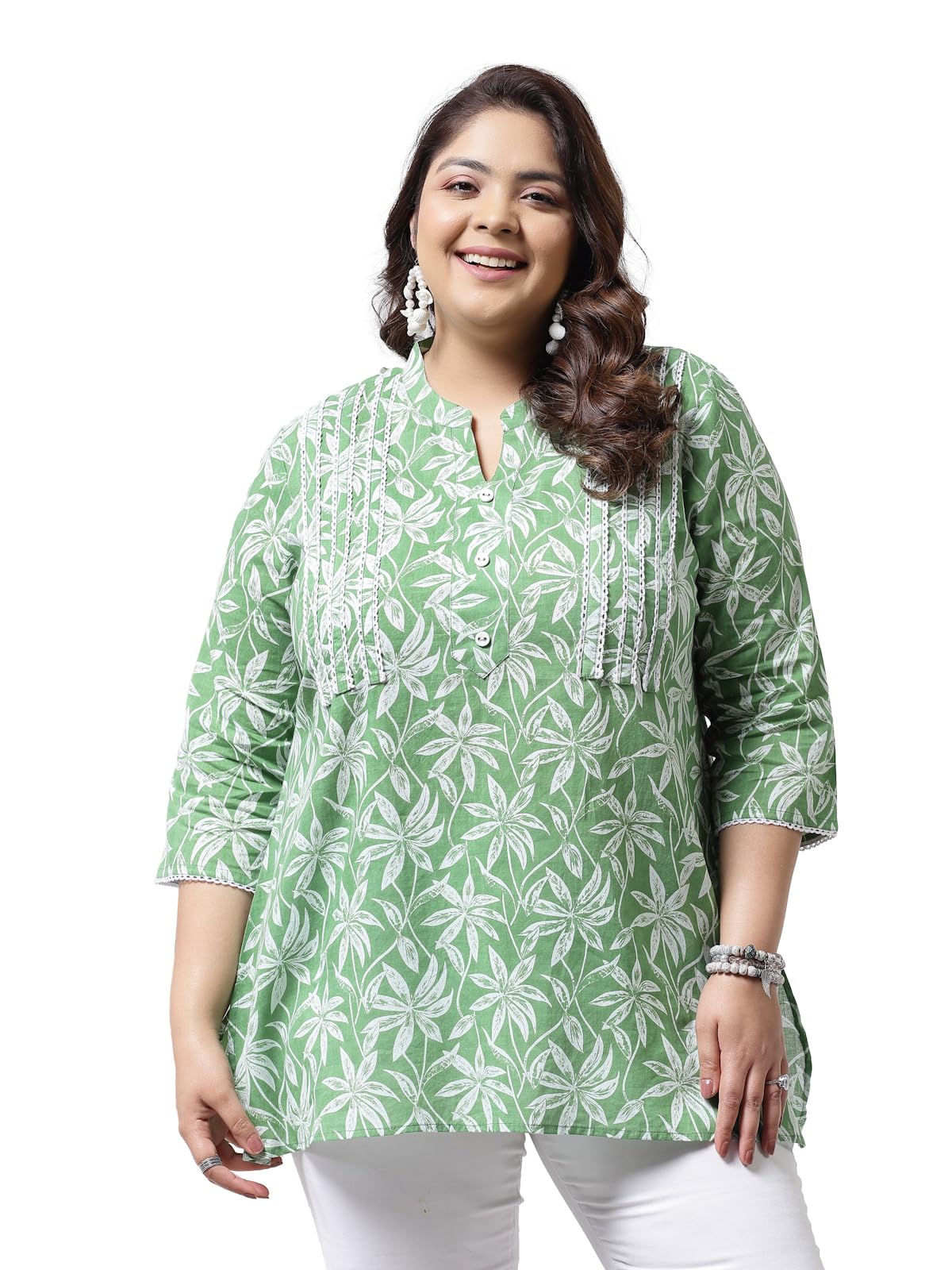 Stylum Womens Plus Size Tropical Printed Cotton Empire Top