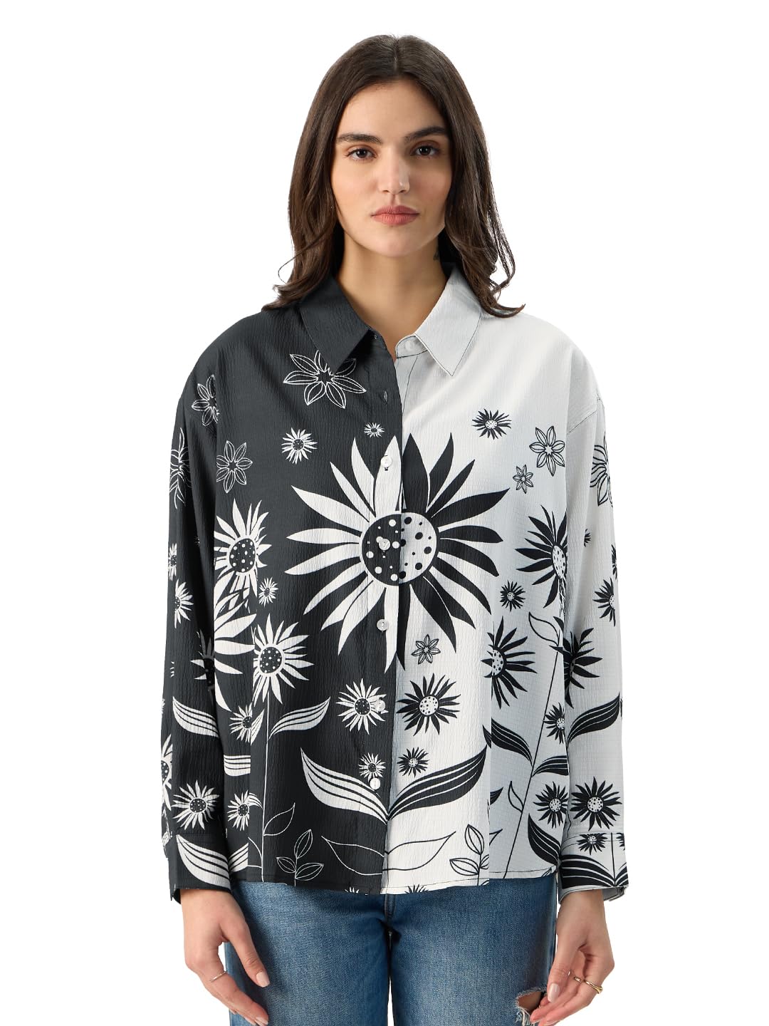 The Souled Store Floral Yin Yang Long Sleeve Collared Neck Button Front Black and White Graphic Printed Boyfriend Shirts for Wom