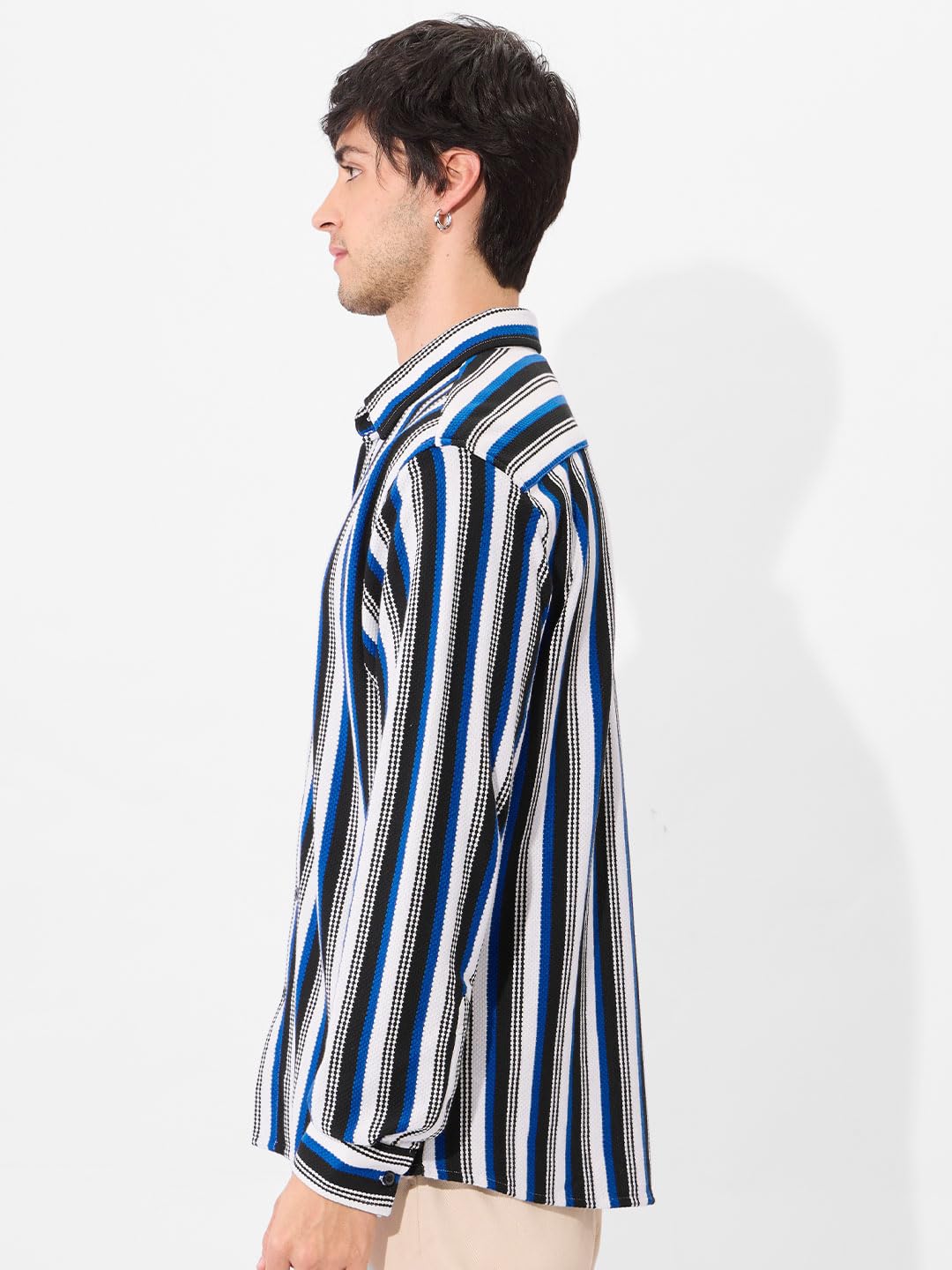 The Souled Store Stripes: Blue, White Men and Boys Long Sleeve Collared Neck Button Down Cotton Textured Shirts for Men