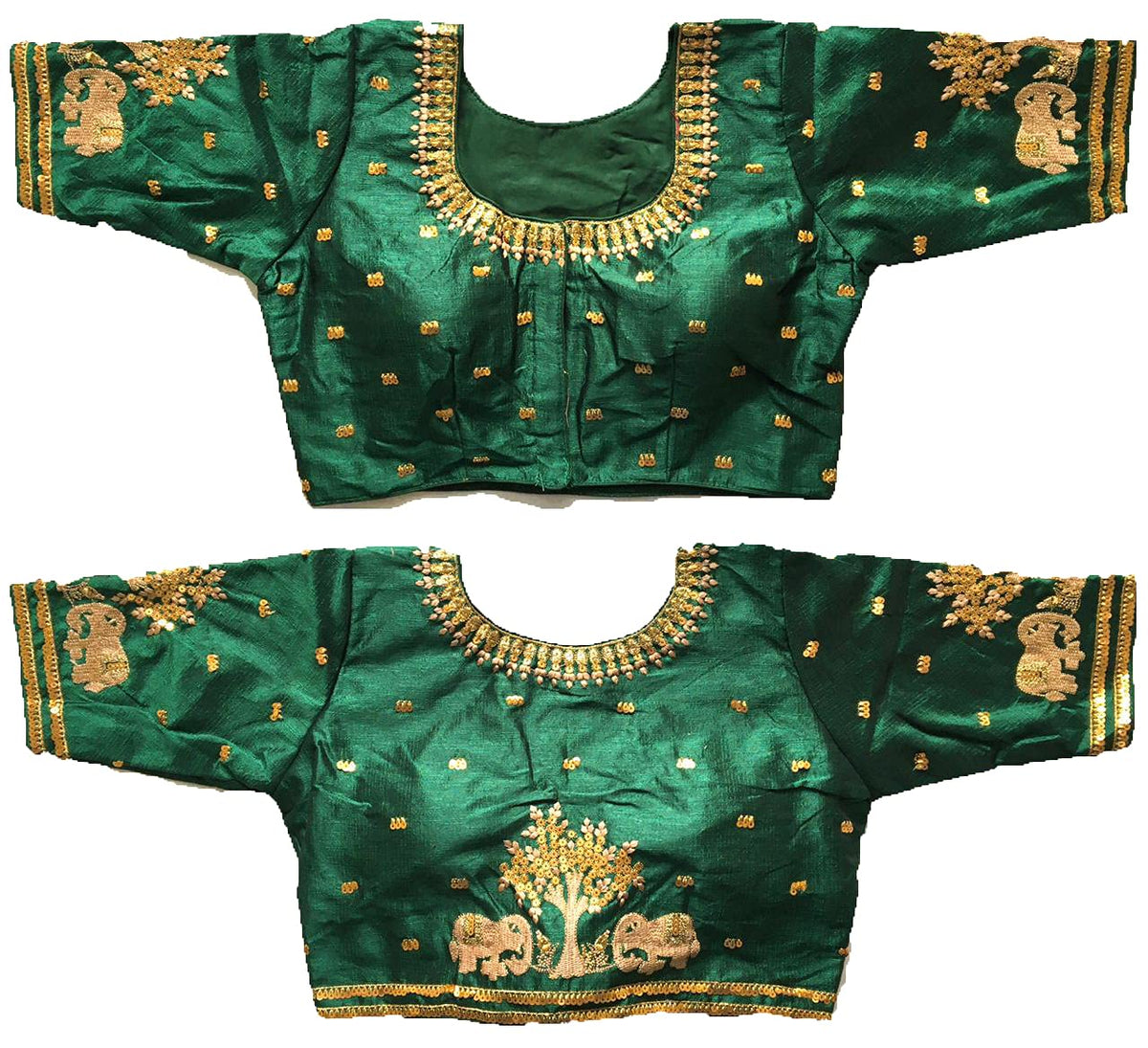 Pujia Mills WomenS Multicolor Phantom Silk Heavy Elephant Gold Thread Embroidery Sequins Zari Work Half Sleeves Readymade Saree